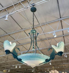 Italian Art Nouveau Patinated Wrought Iron and Frosted Glass Chandelier