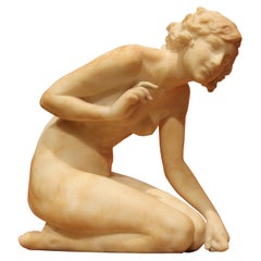 Antique Italian Art Nouveau Period Carved Alabaster Figurative Sculpture of a Nude Lady