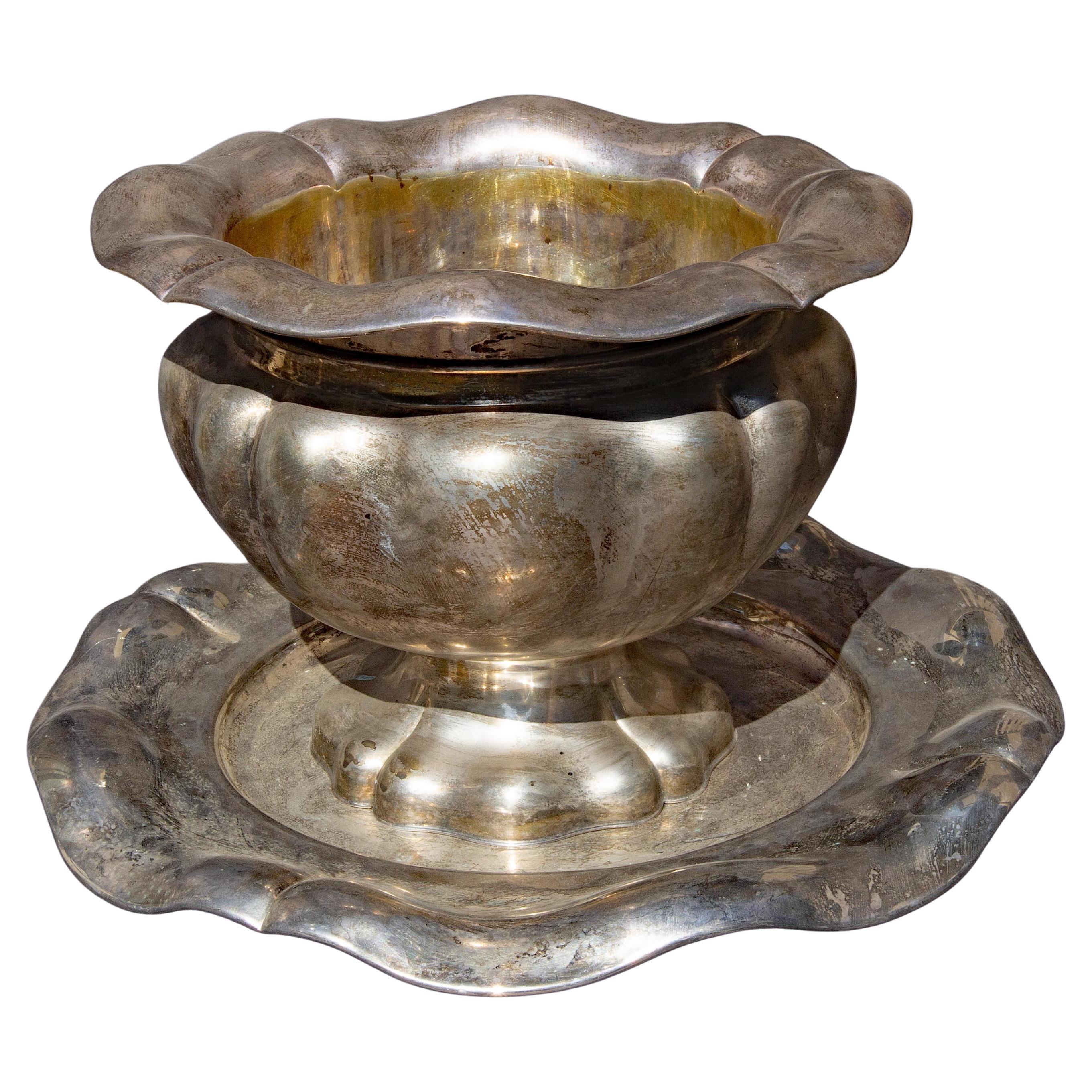 Italian Art nouveau two piece punch bowl set. Silver Plate. Signed 