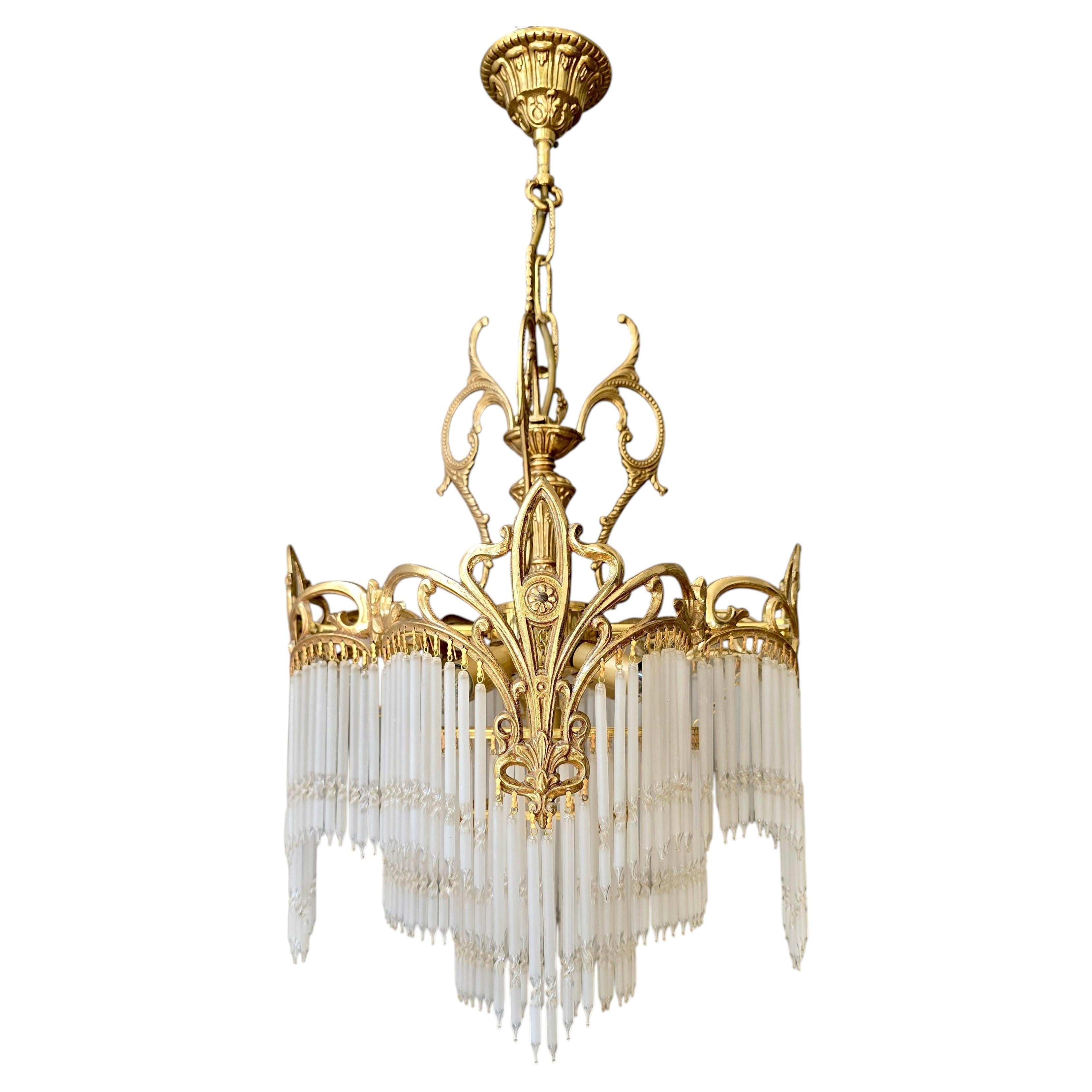 Italian Art Nouveau Revival Gilt Metal and Opaline Glass Rod Chandelier, 1960s