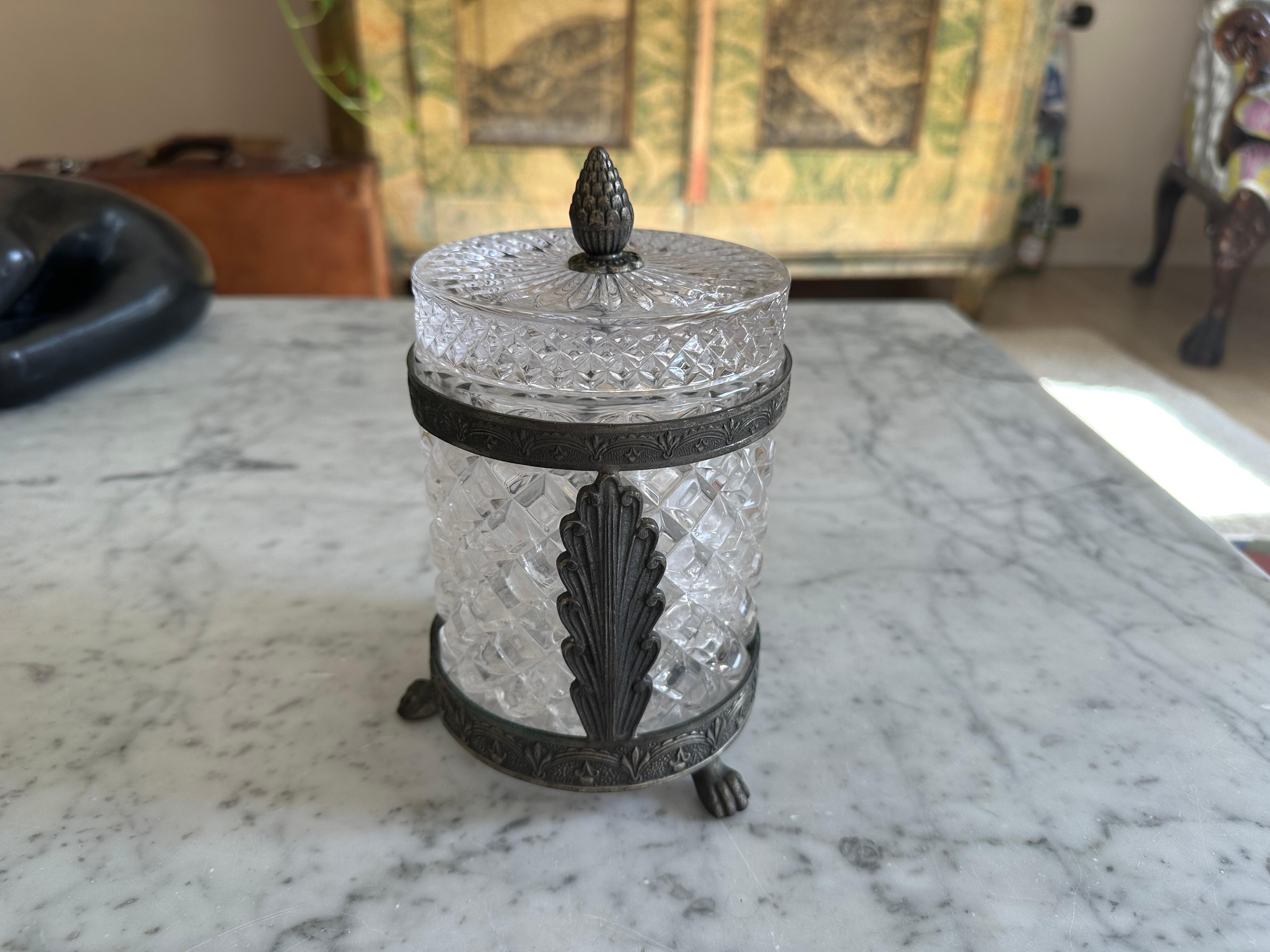 Hand-Carved Italian Art Nouveau Rock Crystal Jar with Lid – Faceted Cut and Ornamental Mount For Sale