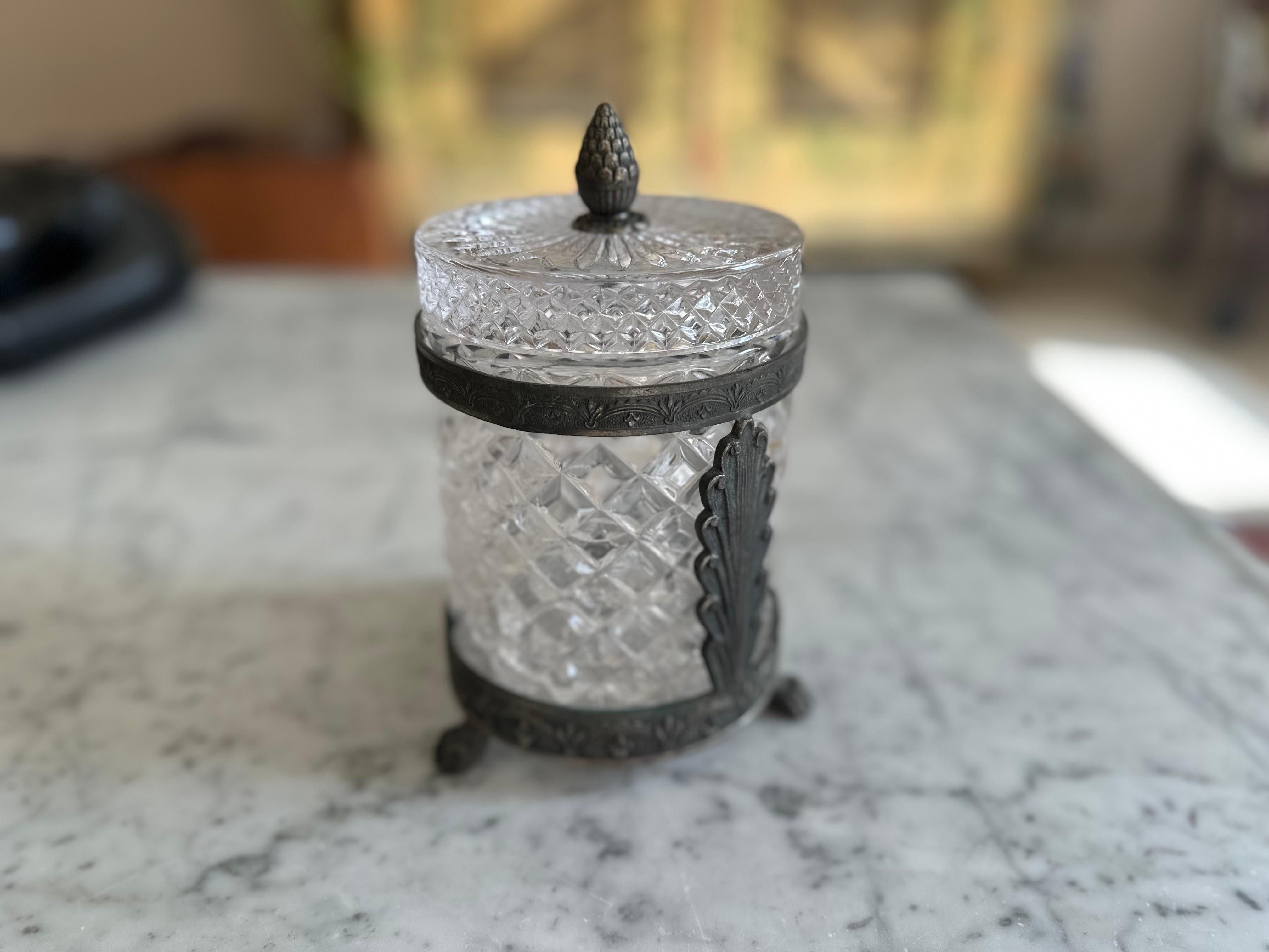 Metal Italian Art Nouveau Rock Crystal Jar with Lid – Faceted Cut and Ornamental Mount For Sale