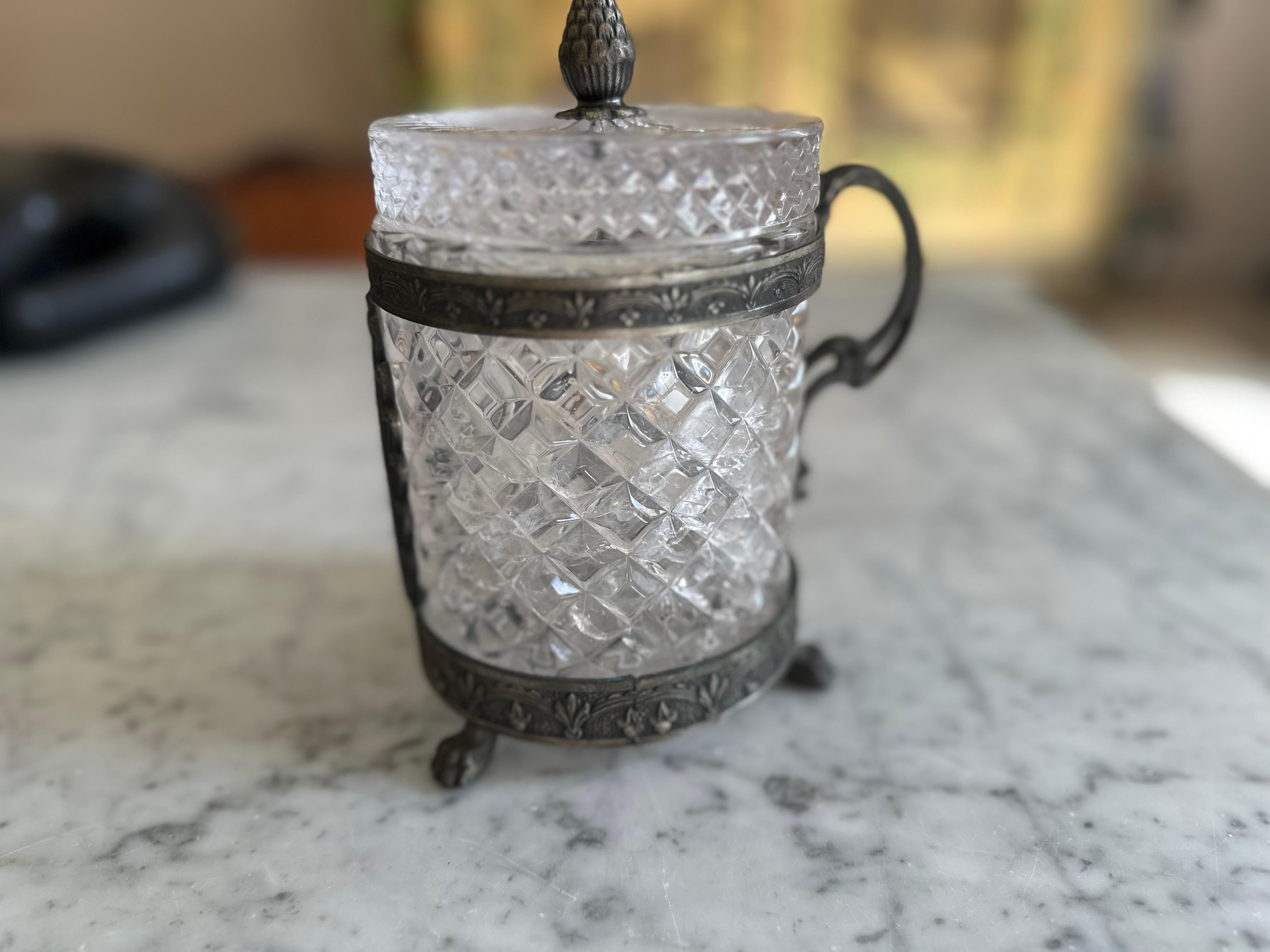 Italian Art Nouveau Rock Crystal Jar with Lid – Faceted Cut and Ornamental Mount For Sale 1