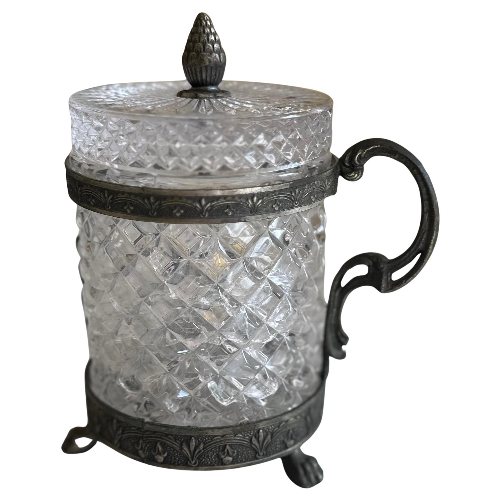 Jarre italienne en cristal de roche Art Nouveau avec couvercle - Coupe à facettes et monture ornementale