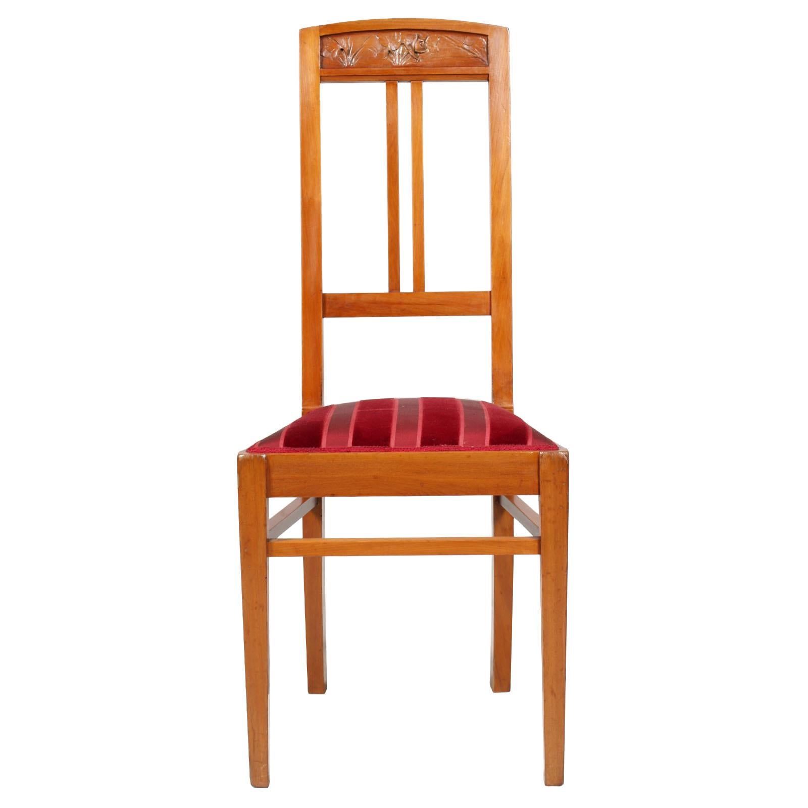 Elegant Italian Art Nouveau side chairs with stool, in blond walnut, hand carved, restored and polished with wax. Precious two-colored striped fabric in dark red velvet.

Measures cm: chairs H 47/105, W 42, D 45 - Stool in cm: H 40/67, W 53, D 32.