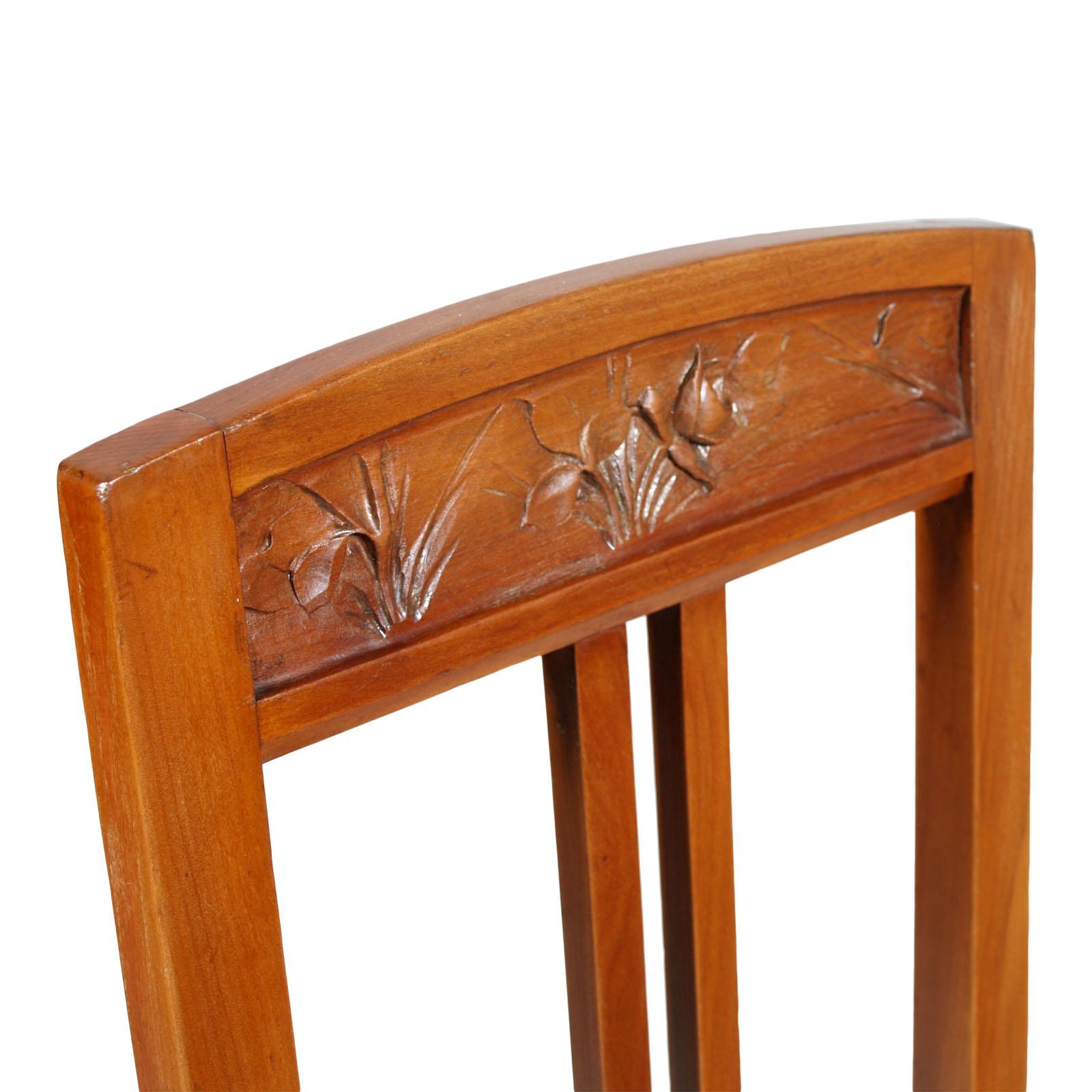 20th Century Italian Art Nouveau Side Chairs with Stool, Blond Walnut, Wax-Polished For Sale