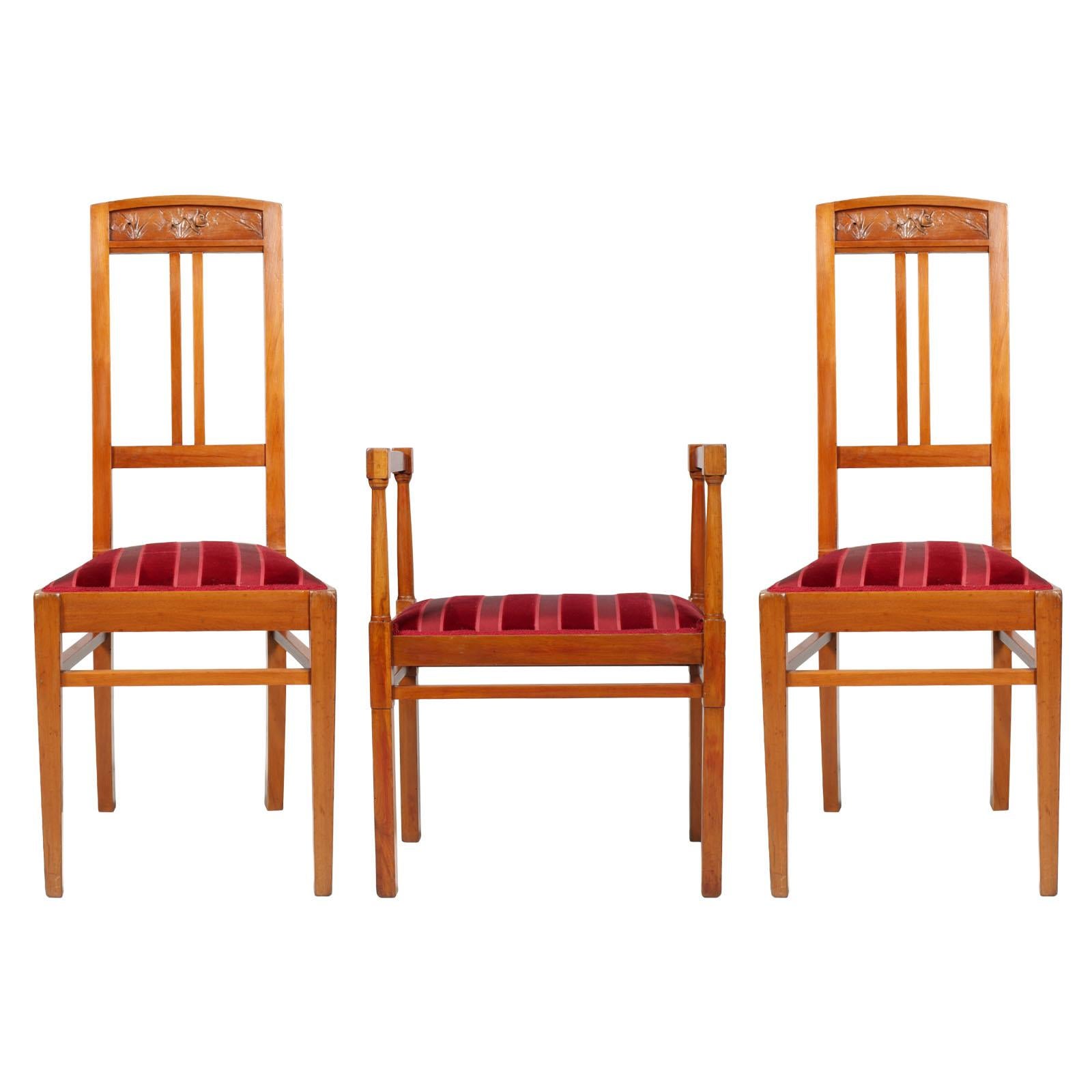 Italian Art Nouveau Side Chairs with Stool, Blond Walnut, Wax-Polished