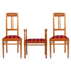 Italian Art Nouveau Side Chairs with Stool, Blond Walnut, Wax-Polished