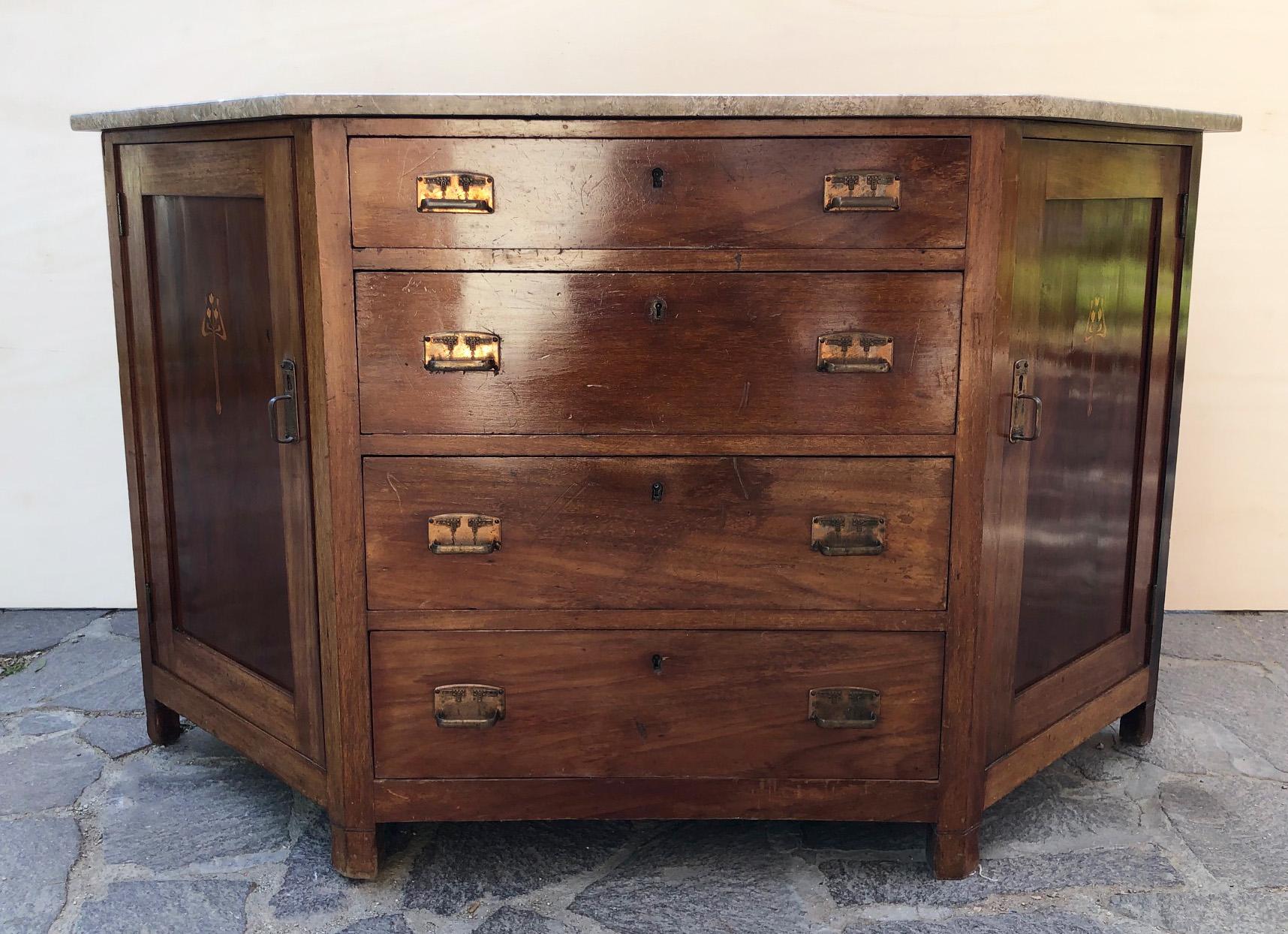 Italian Art Nouveau Sideboard Solid Oak from 1910, Original Brass Marble Drawers 1