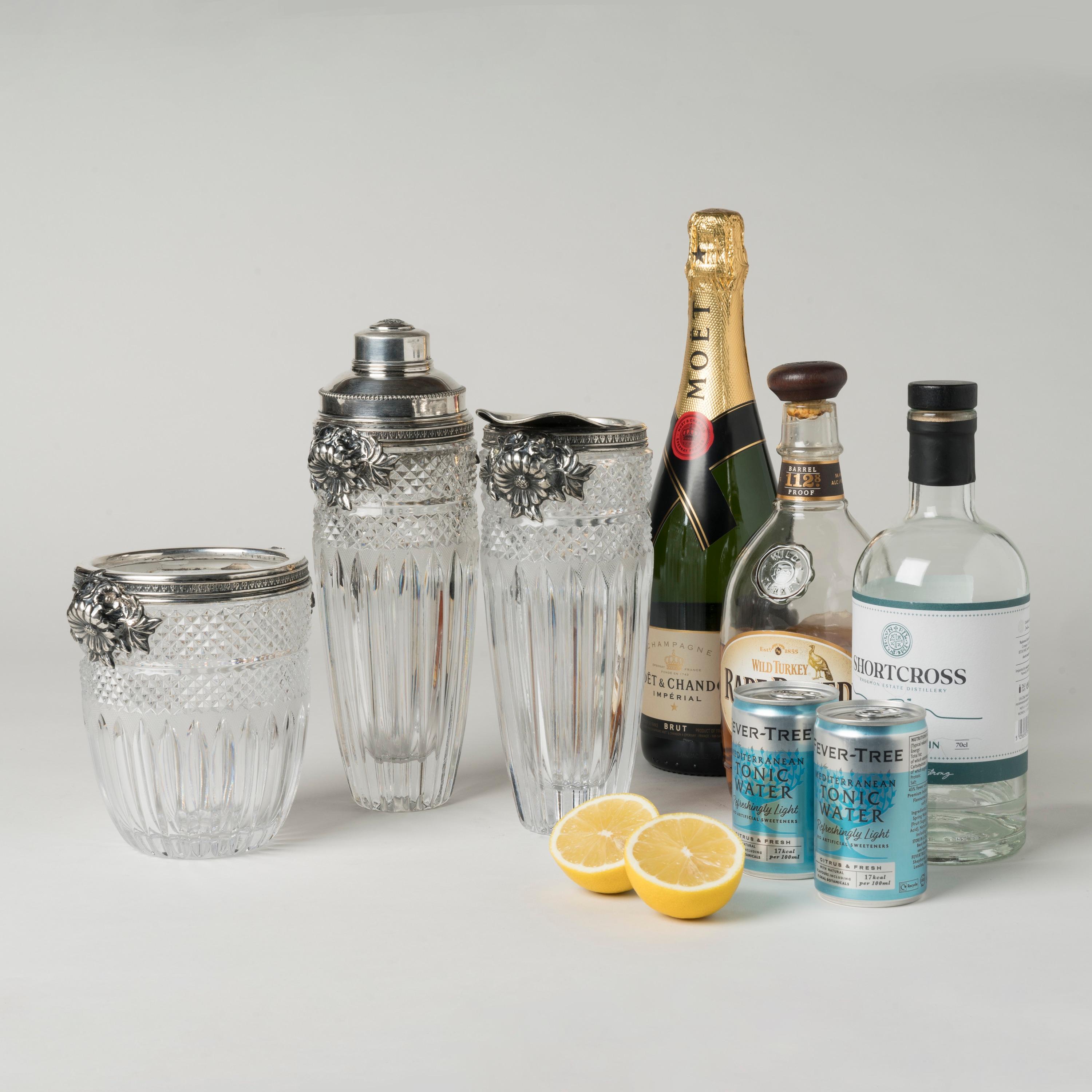 Italian Art Nouveau Silver and Cut Glass Cocktail Set by Castaudi & Gautero In Good Condition For Sale In London, GB
