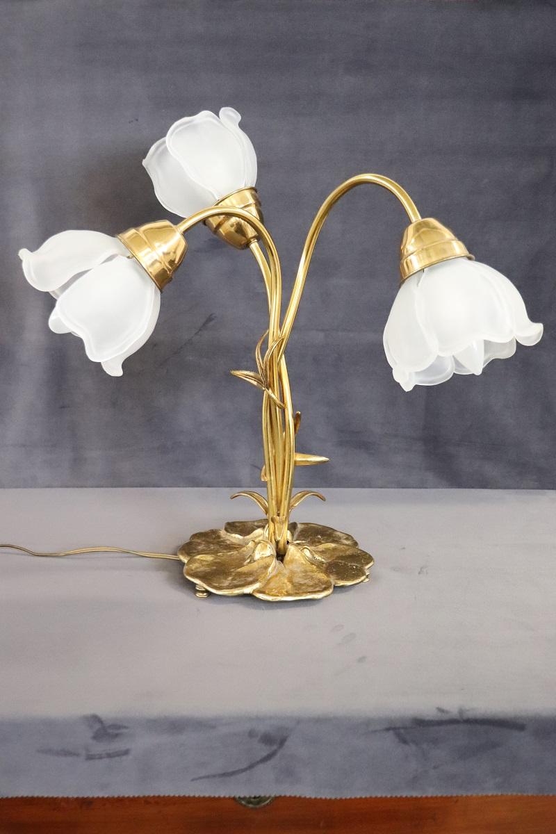 Italian Art Nouveau Style Brass and Glass Table Lamp with Three Light Bulbs For Sale 1