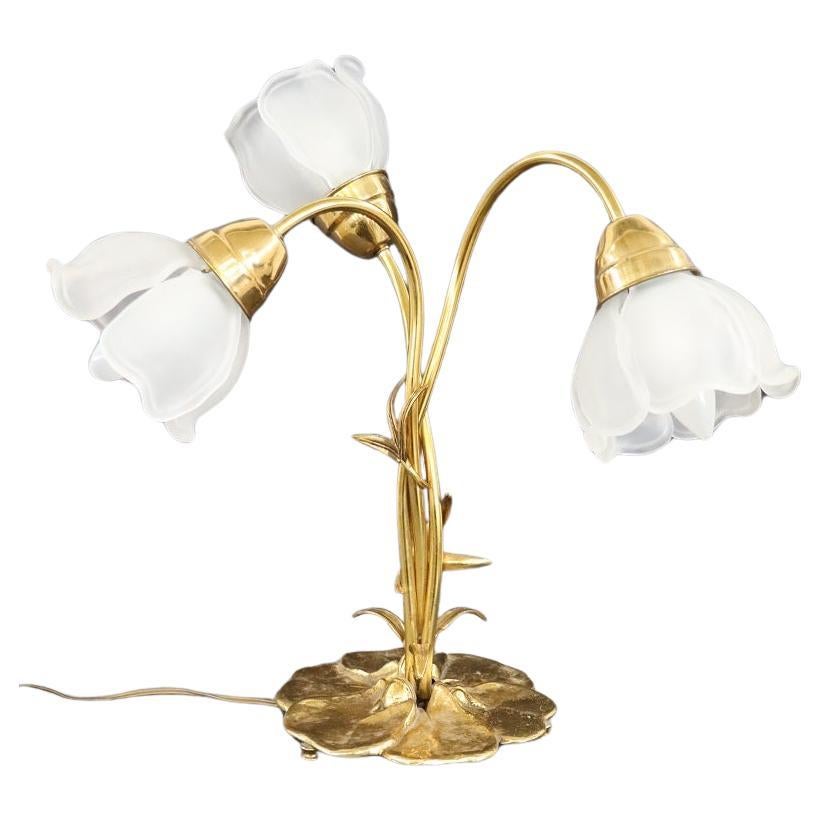 Italian Art Nouveau Style Brass and Glass Table Lamp with Three Light Bulbs For Sale