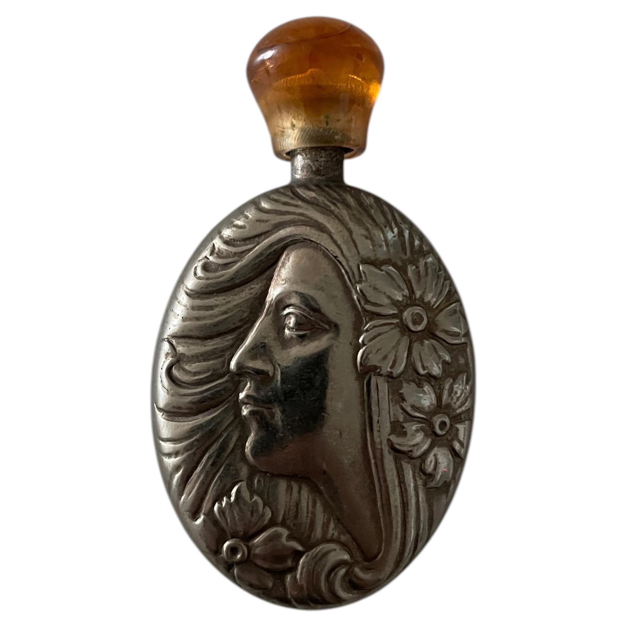 Italian Art Nouveau Style Silver Plated Pocket Perfume Bottle Scent Flask c.1970