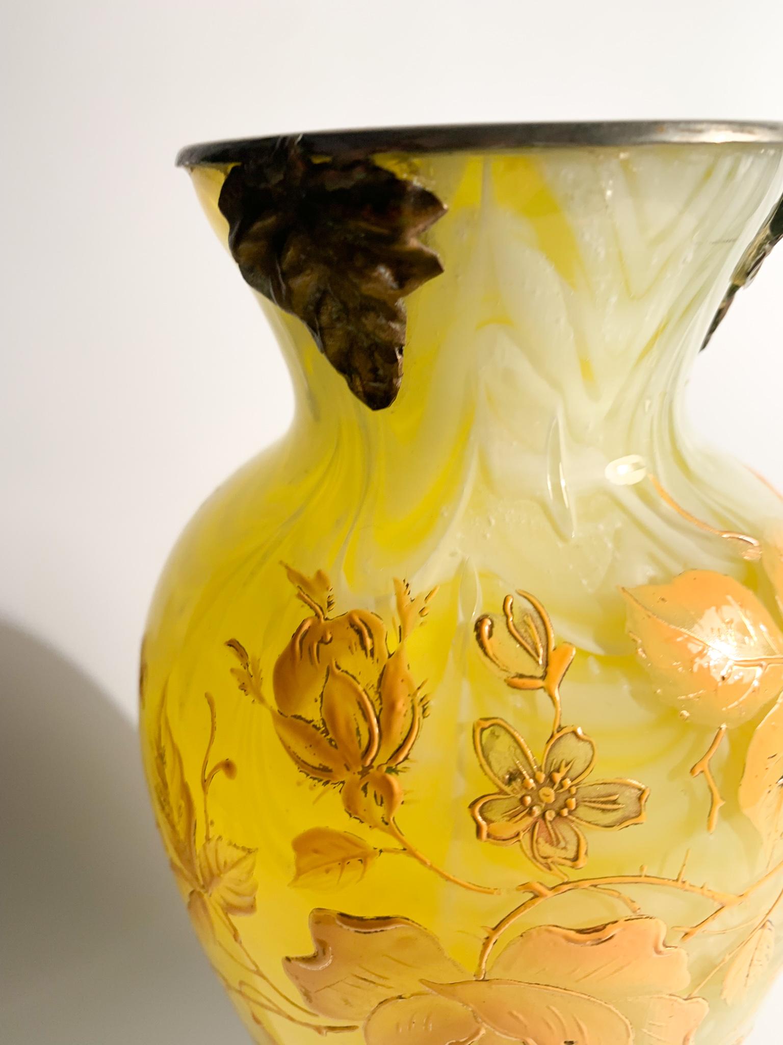 Italian Art Nouveau Vase in Bronze & Yellow Murano Glass with Early 20th Century 2