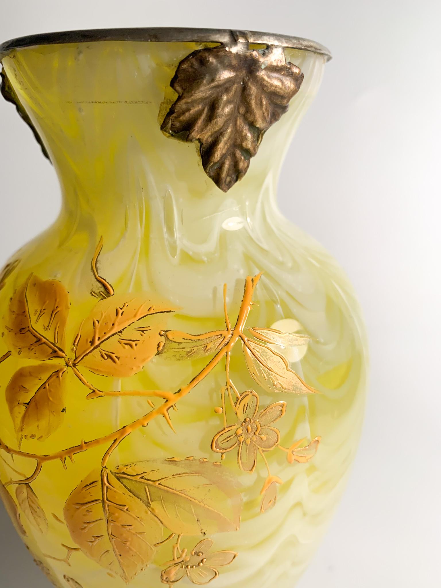Italian Art Nouveau Vase in Bronze & Yellow Murano Glass with Early 20th Century 5