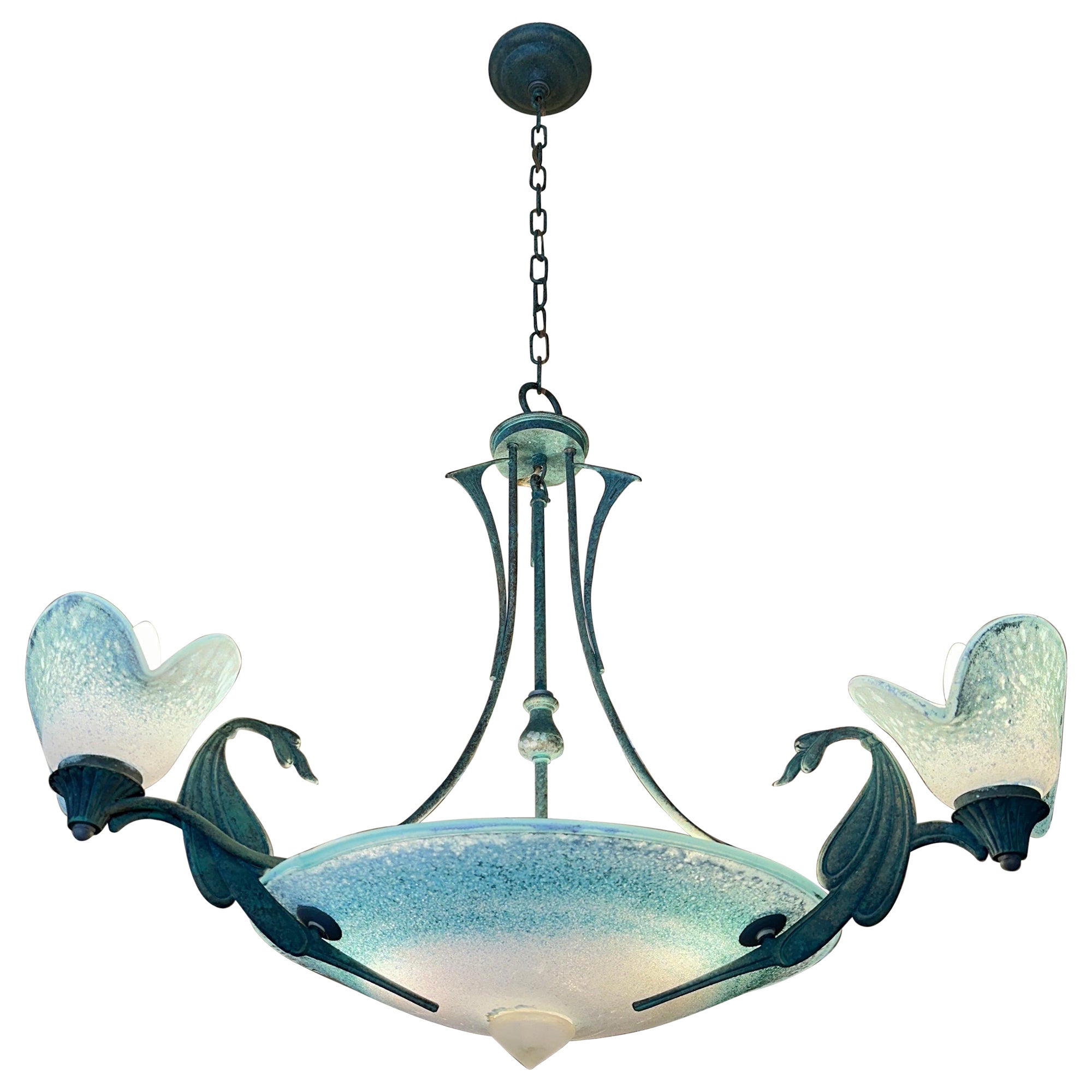 Italian Art Nouveau Verdigris Bonze and Frosted Glass Chandelier For Sale