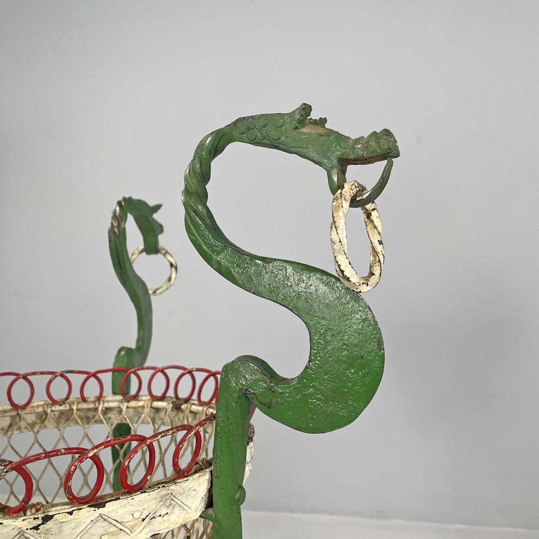 Italian Art Nouveau white green wrought iron vase holders with dragons, 1900s For Sale 6