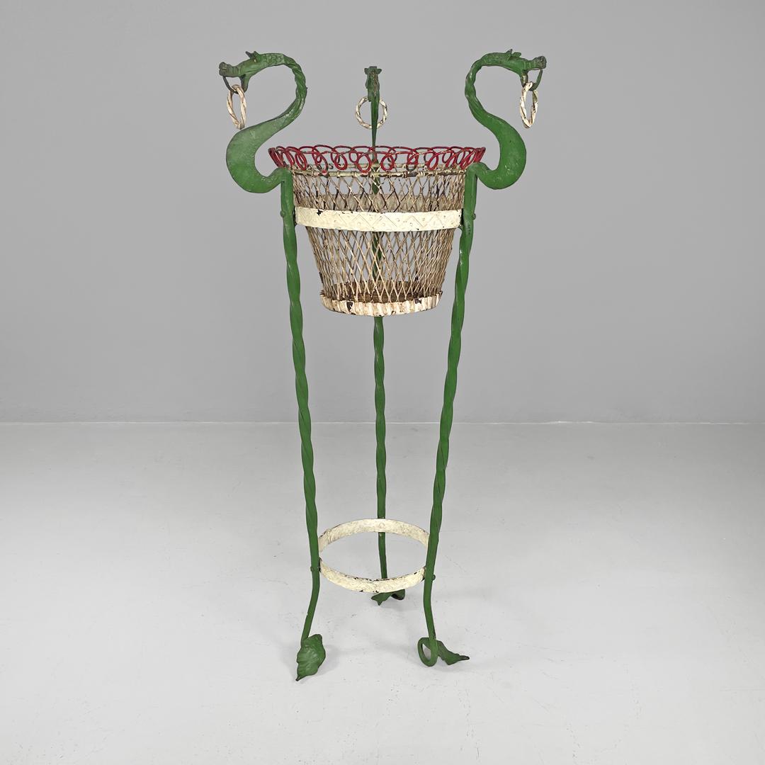 Early 20th Century Italian Art Nouveau white green wrought iron vase holders with dragons, 1900s For Sale