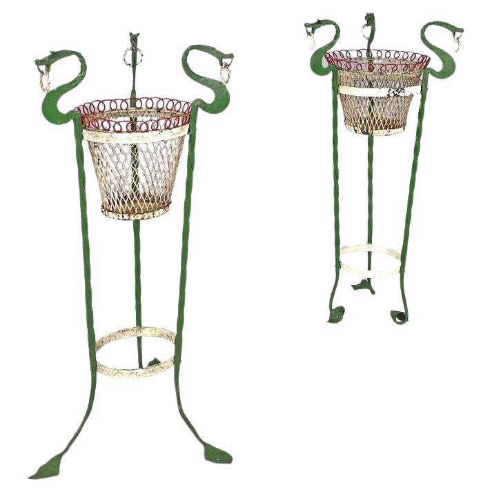 Portavasi in ferro battuto bianco verde Art Nouveau italiano con draghi, 1900