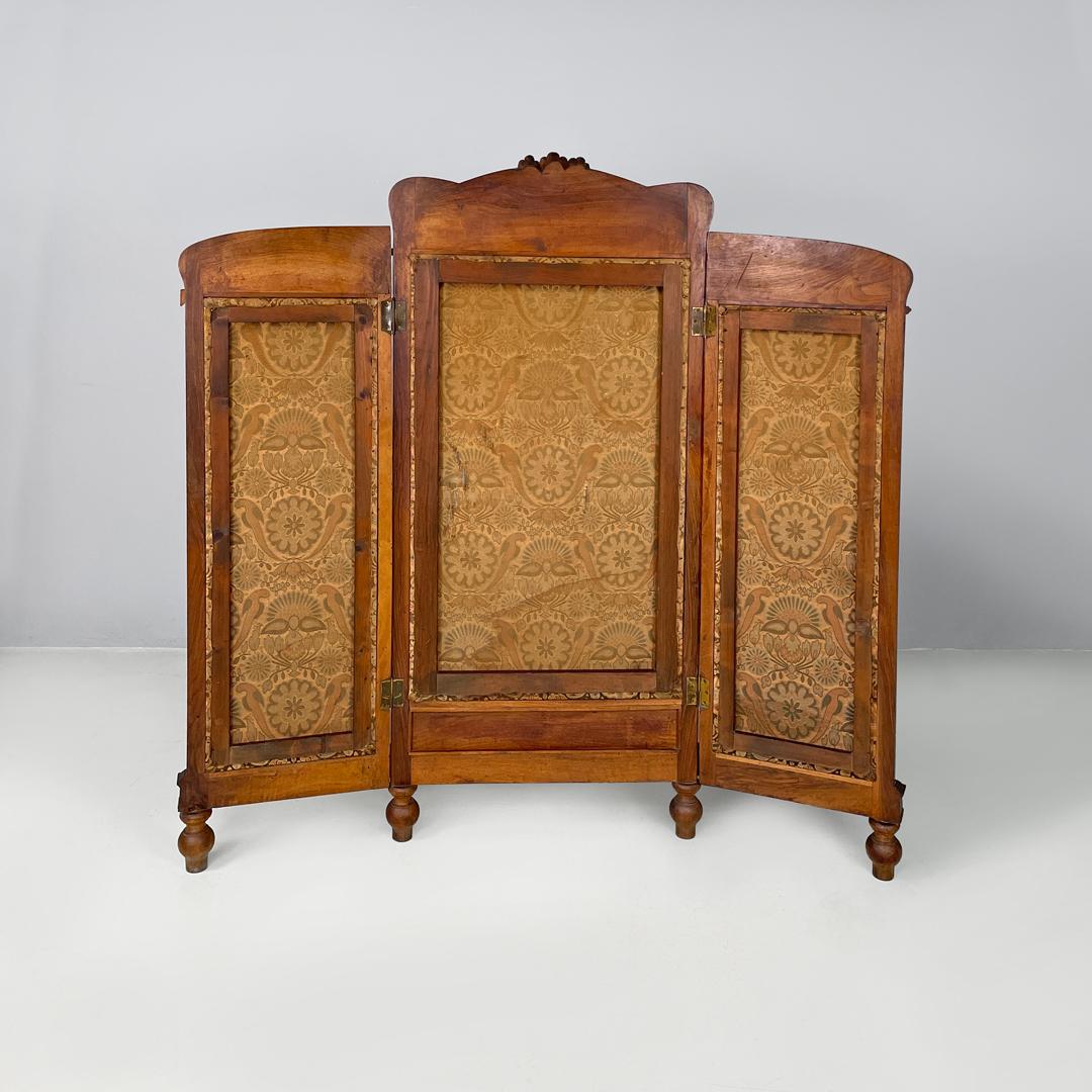 Tessuto Paravento italiano Art Nouveau in legno e tessuto marrone con motivo floreale, fine '800 in vendita