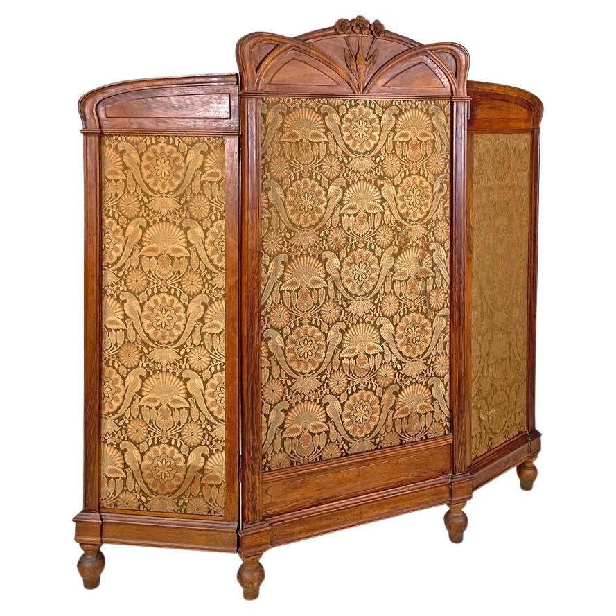 Italian Art Nouveau wood and brown fabric screen with floral pattern, late 1800s