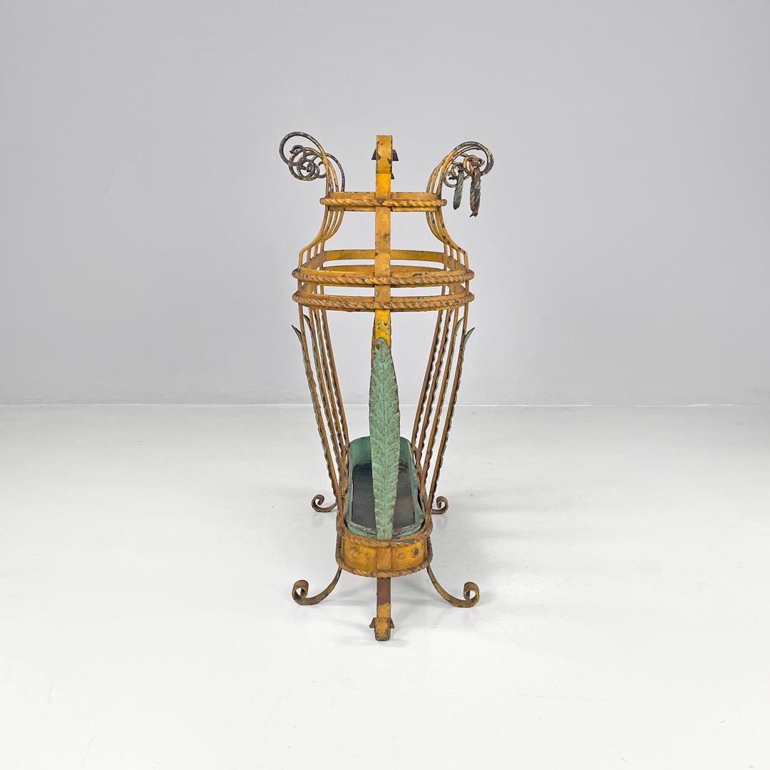 Iron Italian Art Nouveau yellow and green wrought iron umbrella stand, 1900s For Sale