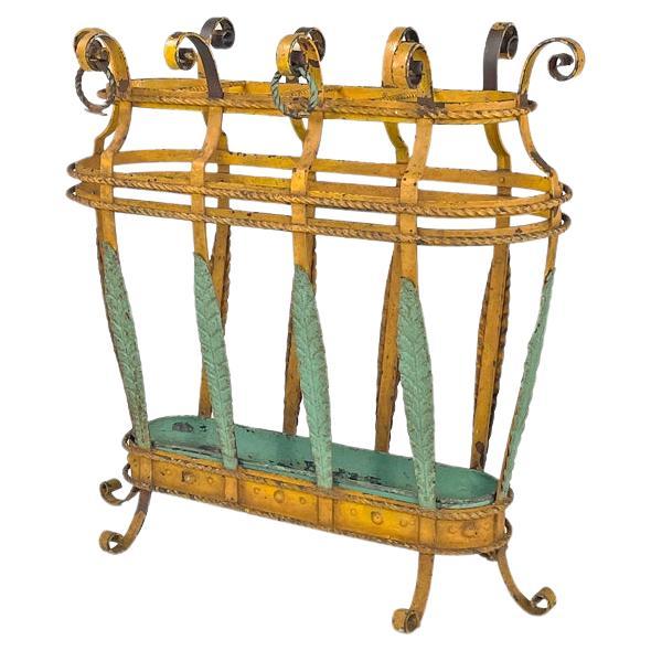 Italian Art Nouveau yellow and green wrought iron umbrella stand, 1900s For Sale