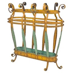 Antique Italian Art Nouveau yellow and green wrought iron umbrella stand, 1900s