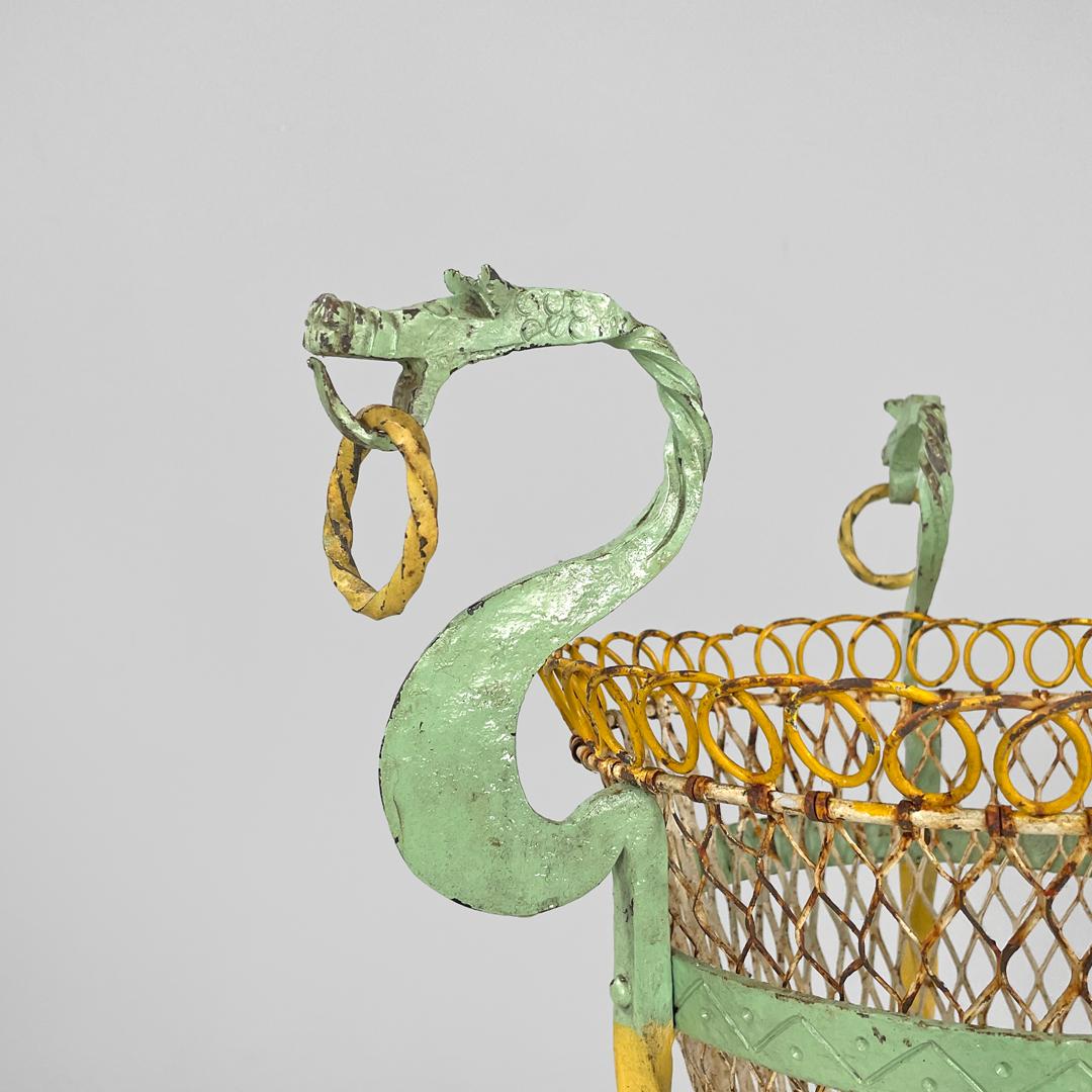 Iron Italian Art Nouveau yellow green wrought iron vase holder with dragons, 1900s For Sale