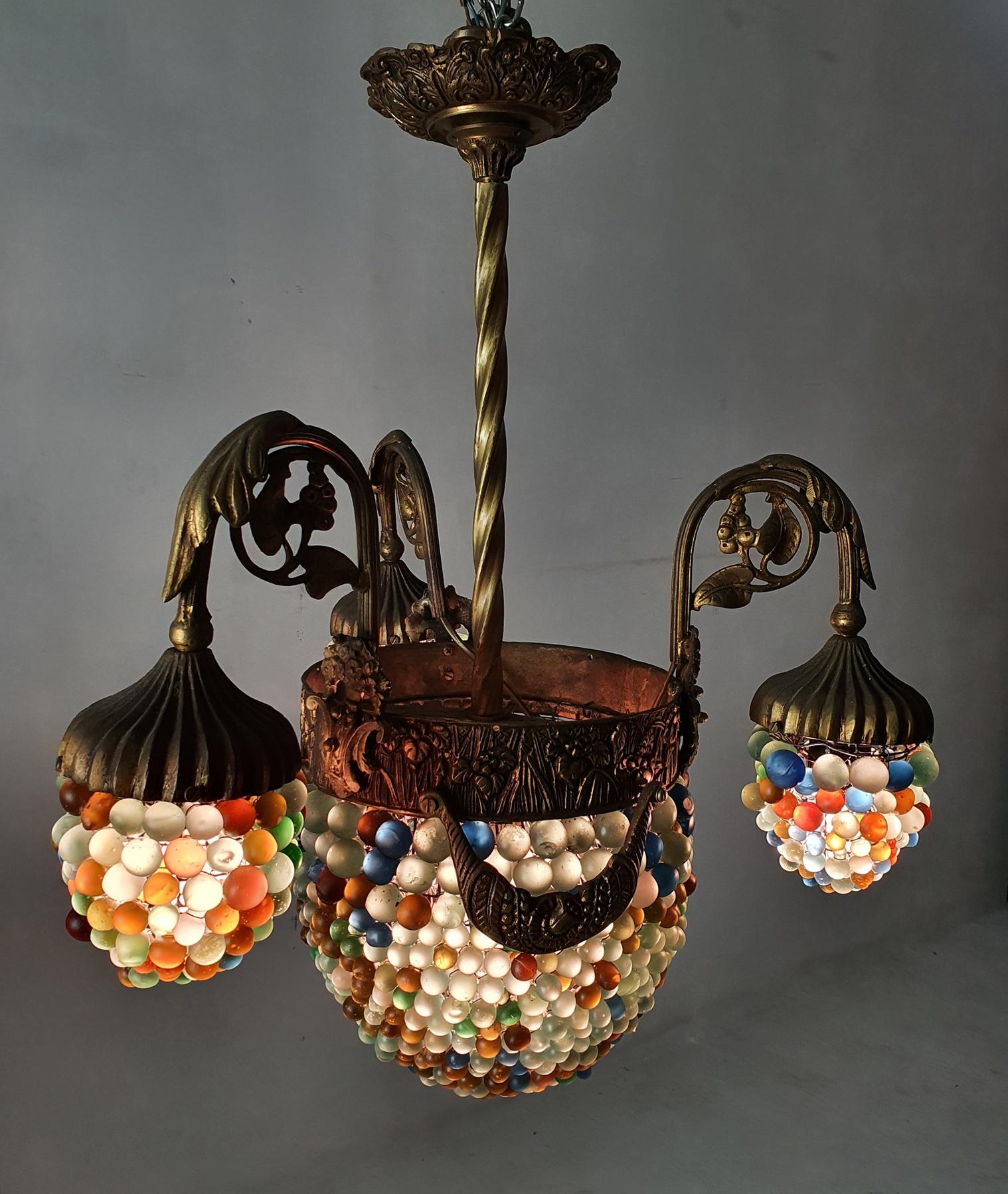 Murano Art Noveau Chandelier in Bronze and Glass Beads For Sale 5