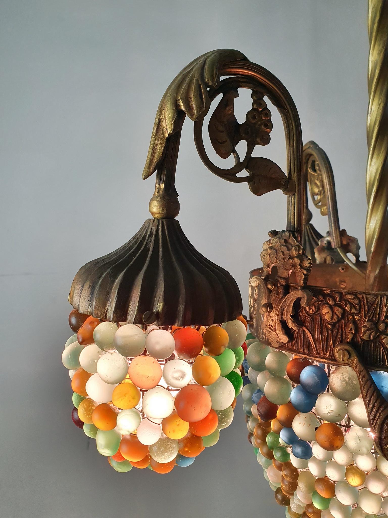 Art Nouveau Murano Art Noveau Chandelier in Bronze and Glass Beads For Sale