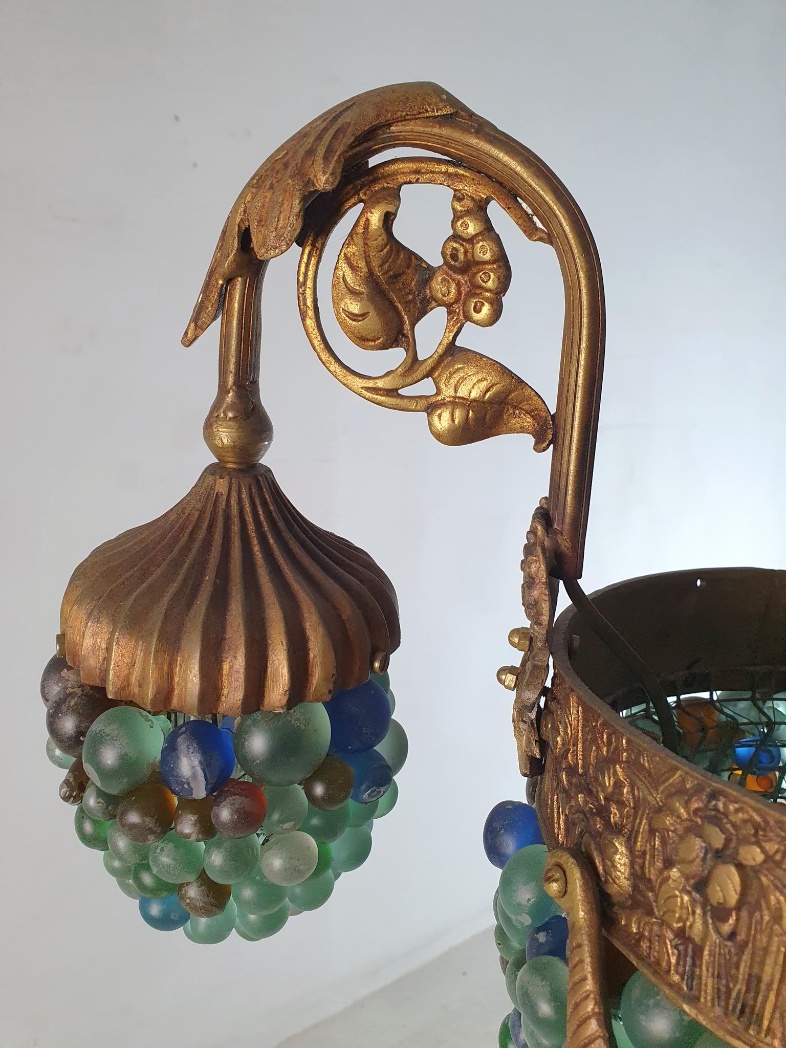 Italian Murano Art Noveau Chandelier in Bronze and Glass Beads For Sale
