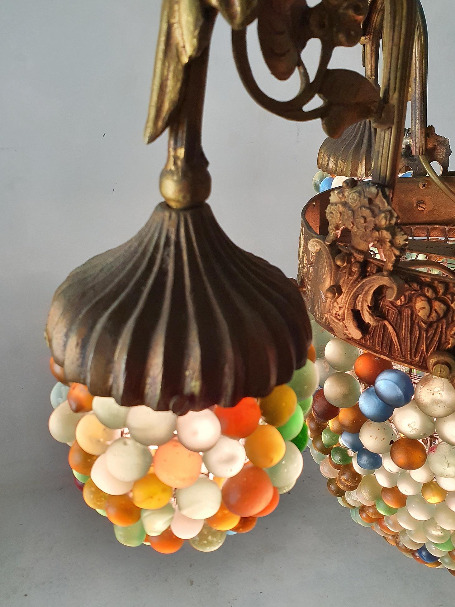 20th Century Murano Art Noveau Chandelier in Bronze and Glass Beads For Sale