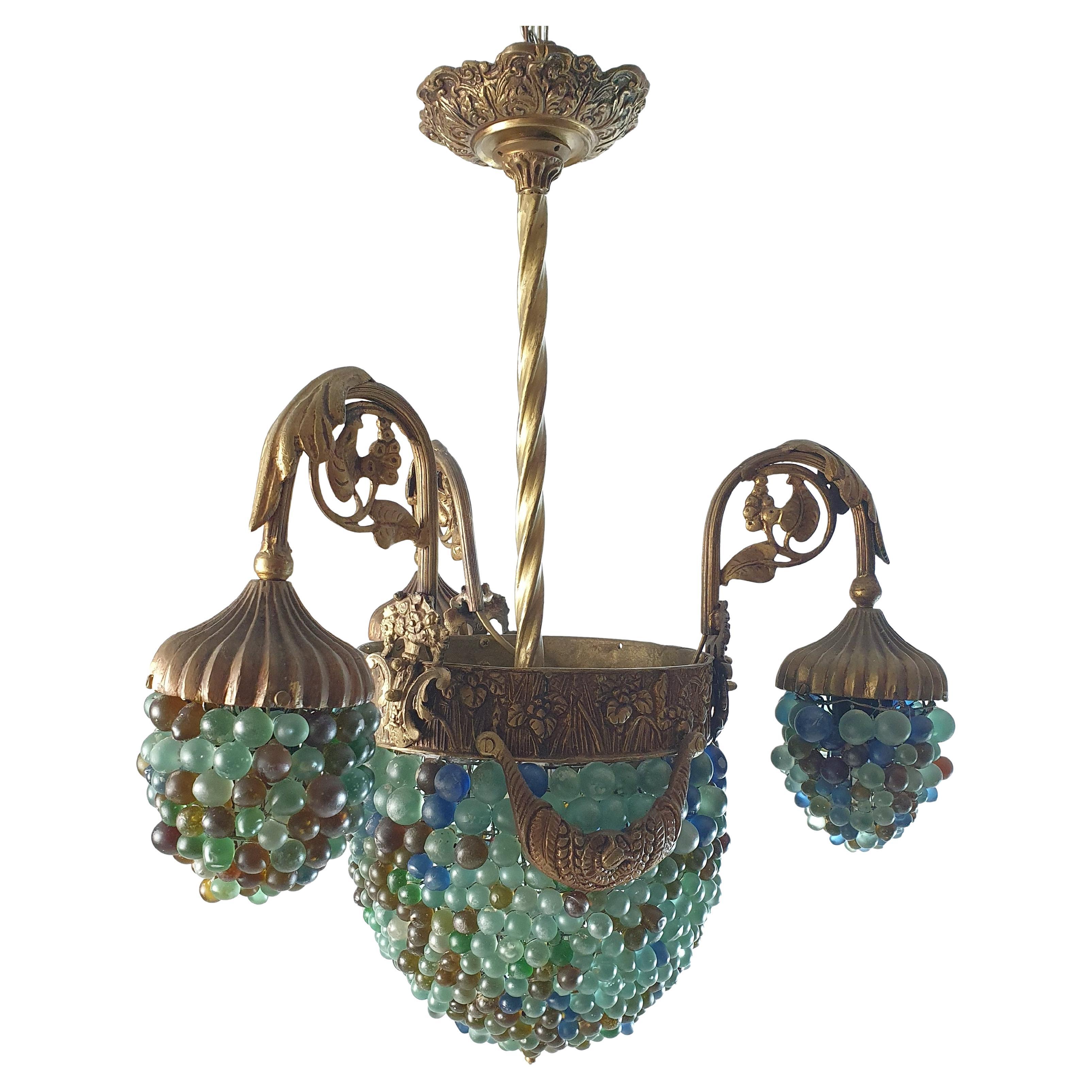 Murano Art Noveau Chandelier in Bronze and Glass Beads For Sale