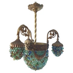 Retro Murano Art Noveau Chandelier in Bronze and Glass Beads