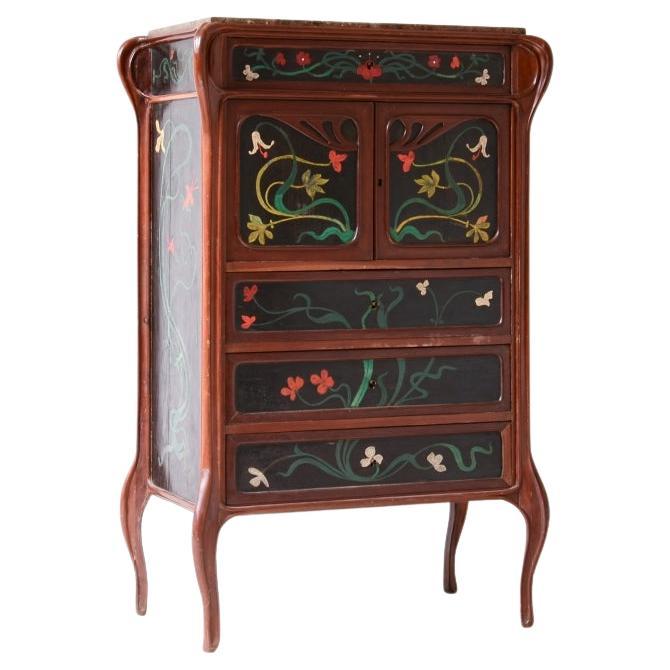 Seltene italienische Kommode im Liberty-Stil/Art nouveau-Stil mit bemalten Holzintarsien im Angebot