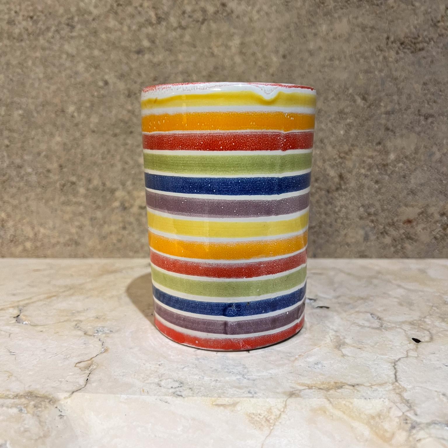 Late 20th Century Italian Art Pottery Coffee Mug Striped Rainbow Color