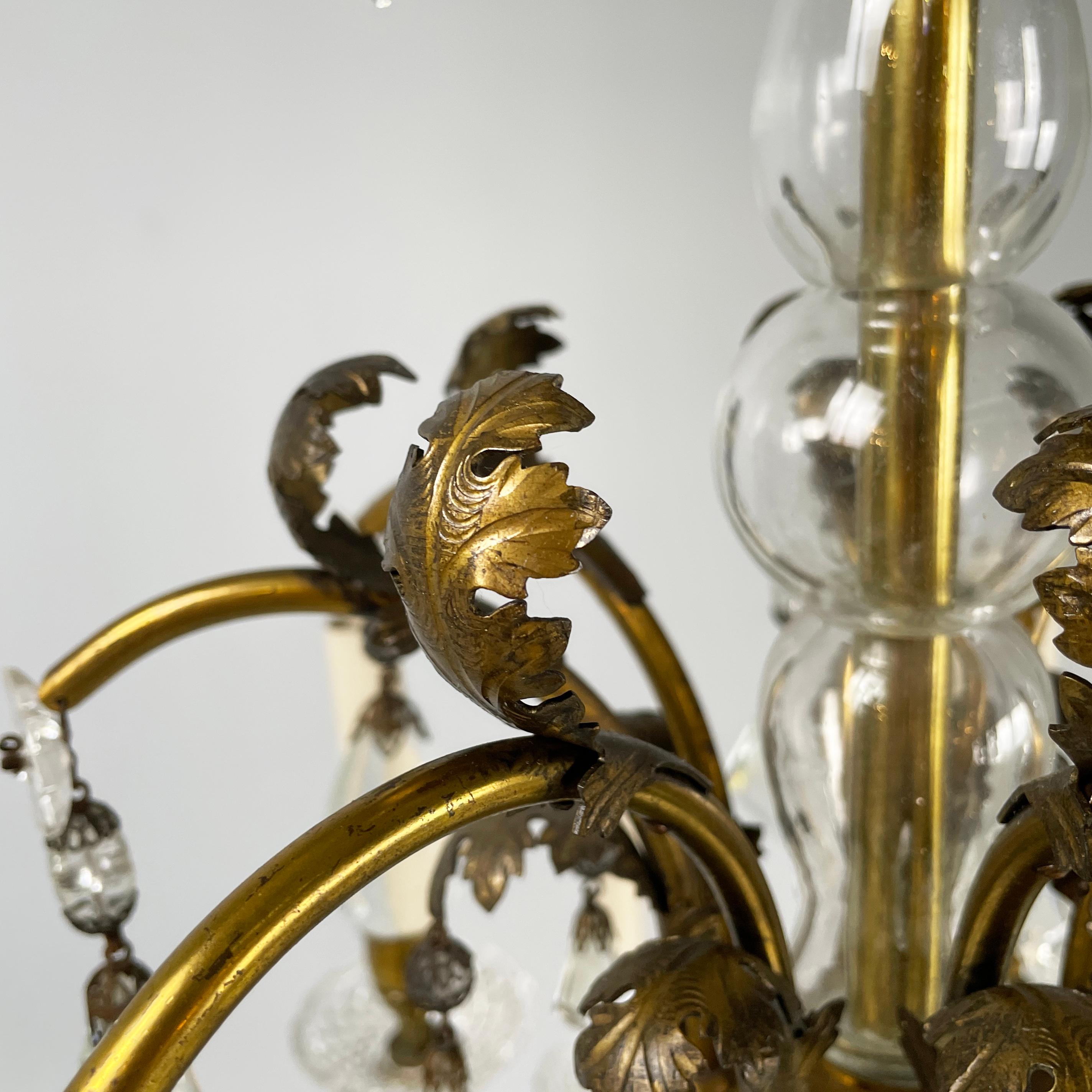 Italian arte deco Glass drop chandelier with brass structure, 1900-1950s For Sale 13
