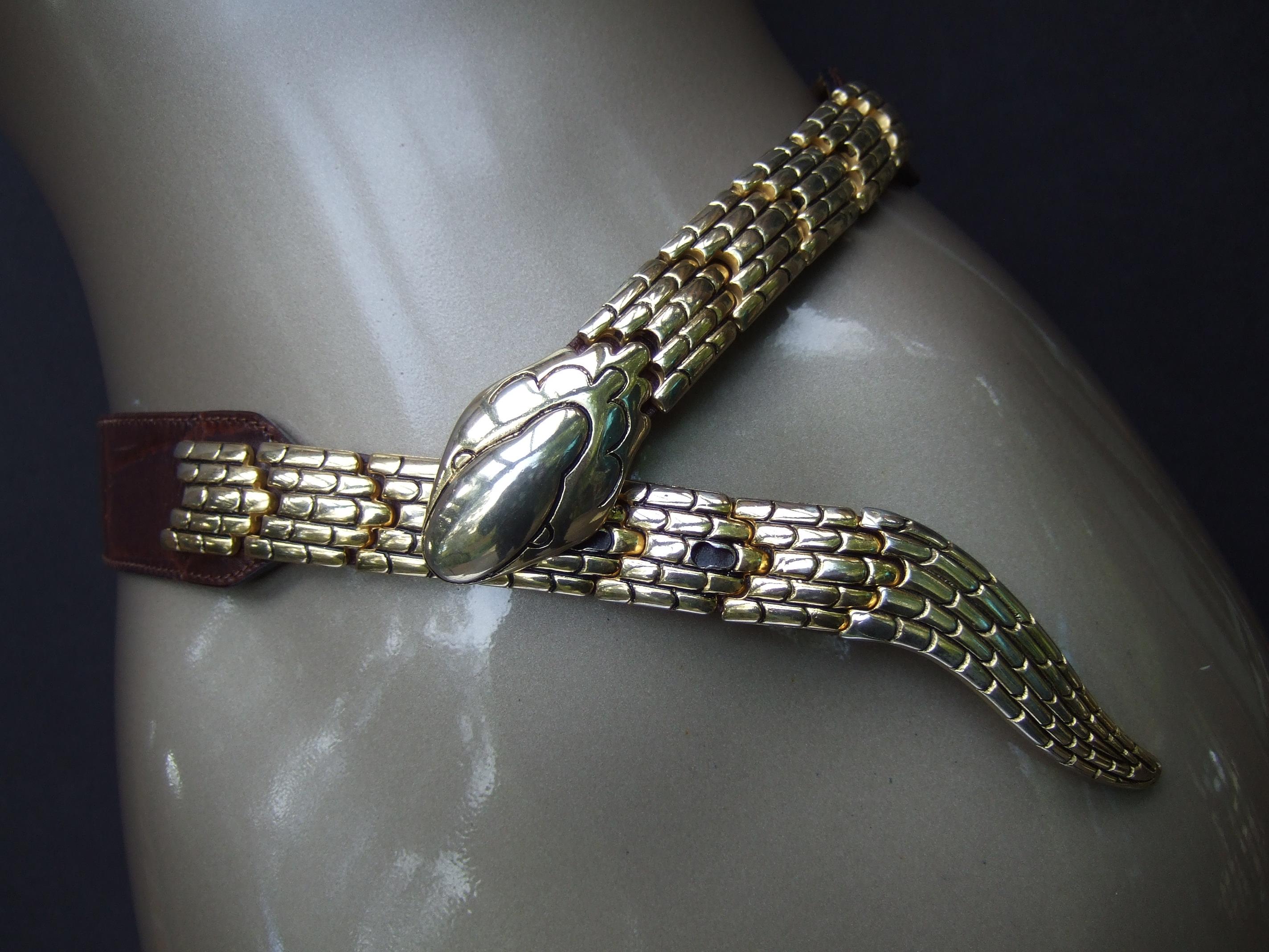 Italian Articulated Gilt Metal Embossed Brown Leather Snake Design Belt c 1980s 3