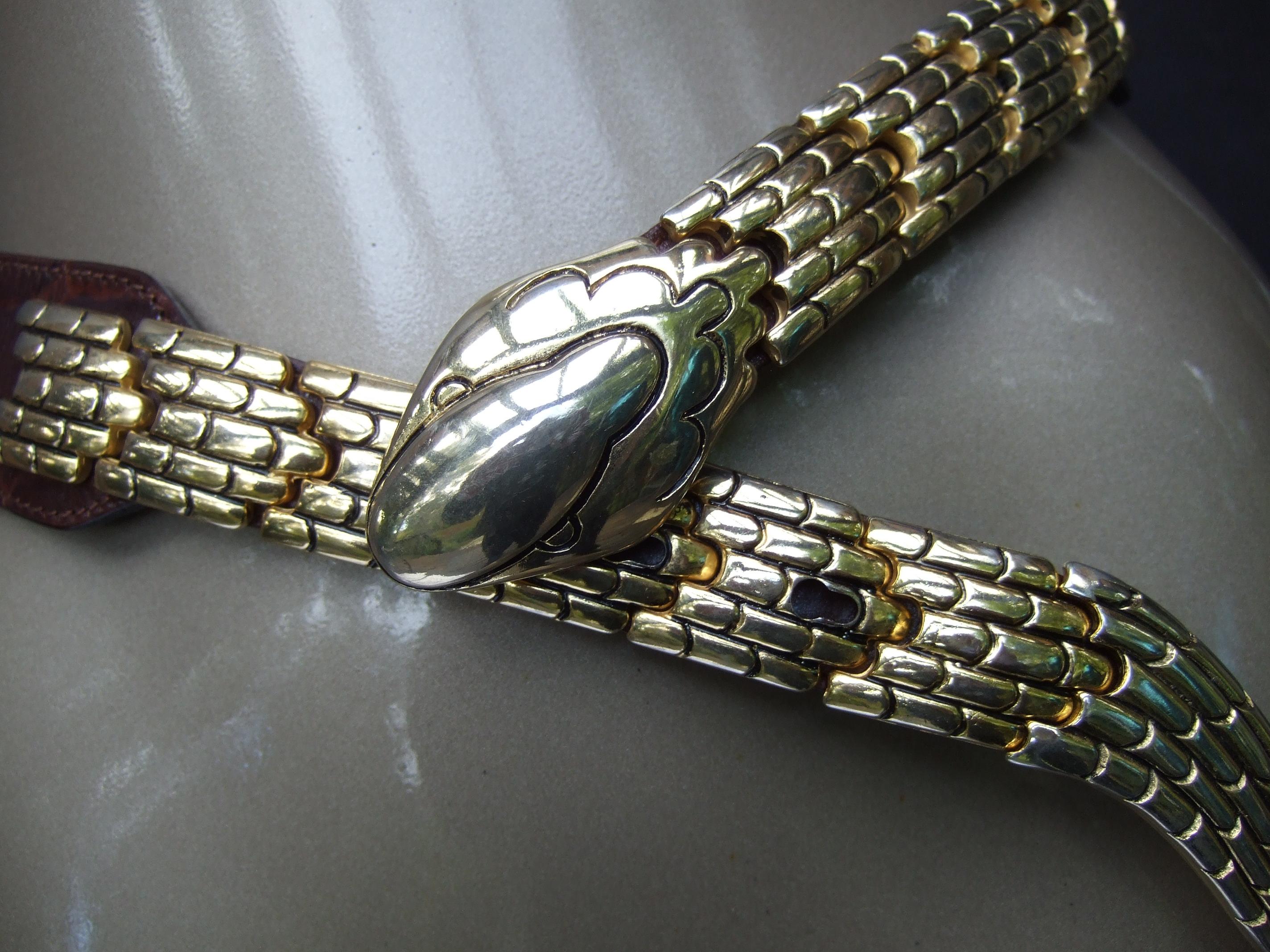Italian Articulated Gilt Metal Embossed Brown Leather Snake Design Belt c 1980s 4