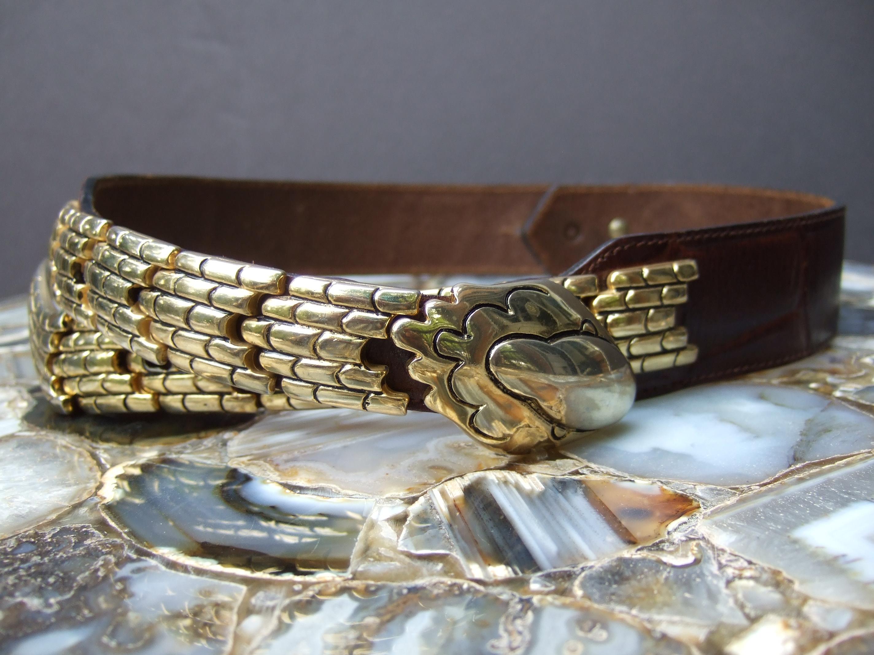 Italian Articulated Gilt Metal Embossed Brown Leather Snake Design Belt c 1980s 1
