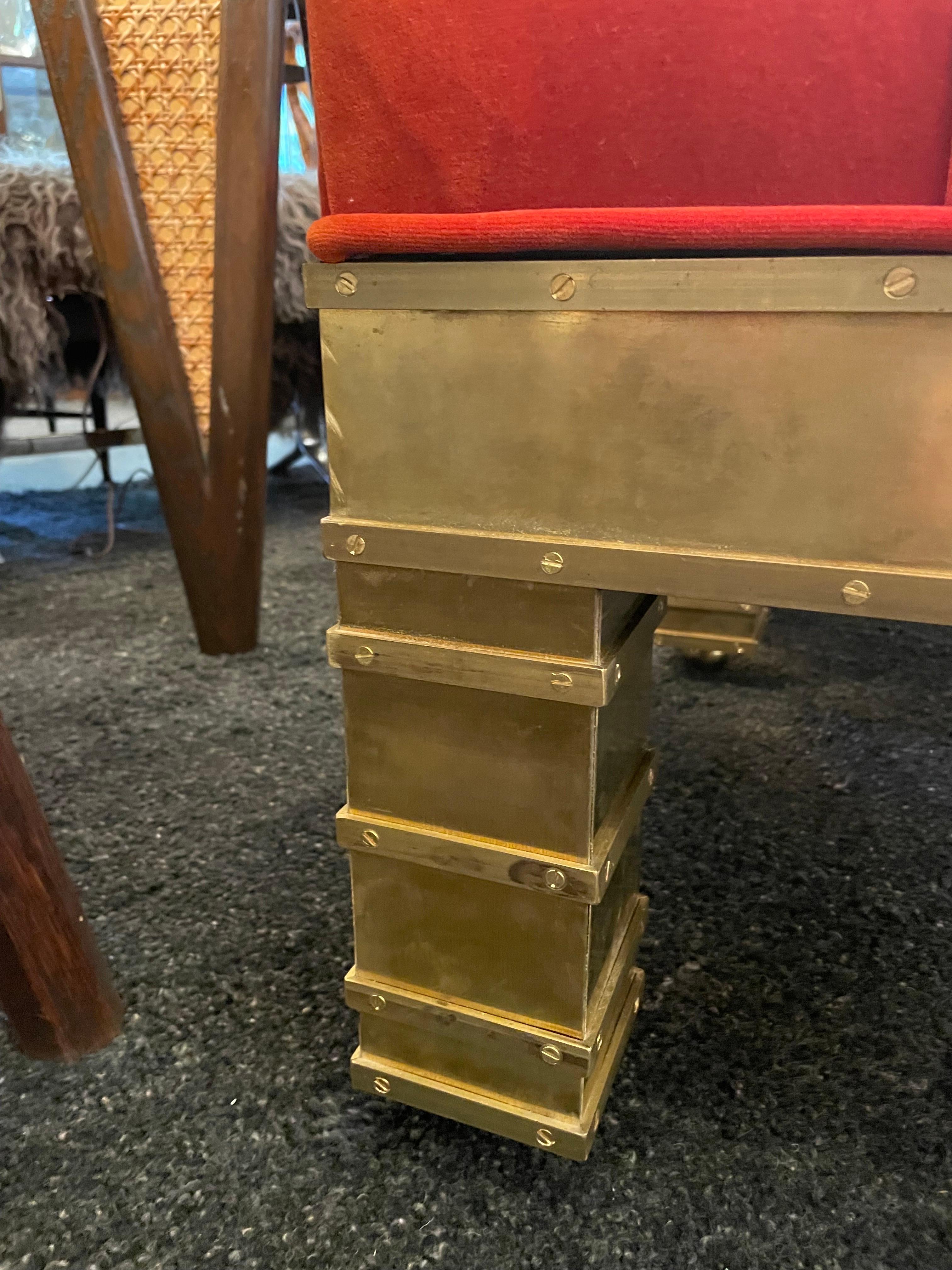 Italian Artisan Crafted Brass and Velvet Benches on Casters, '4 Avail' For Sale 7