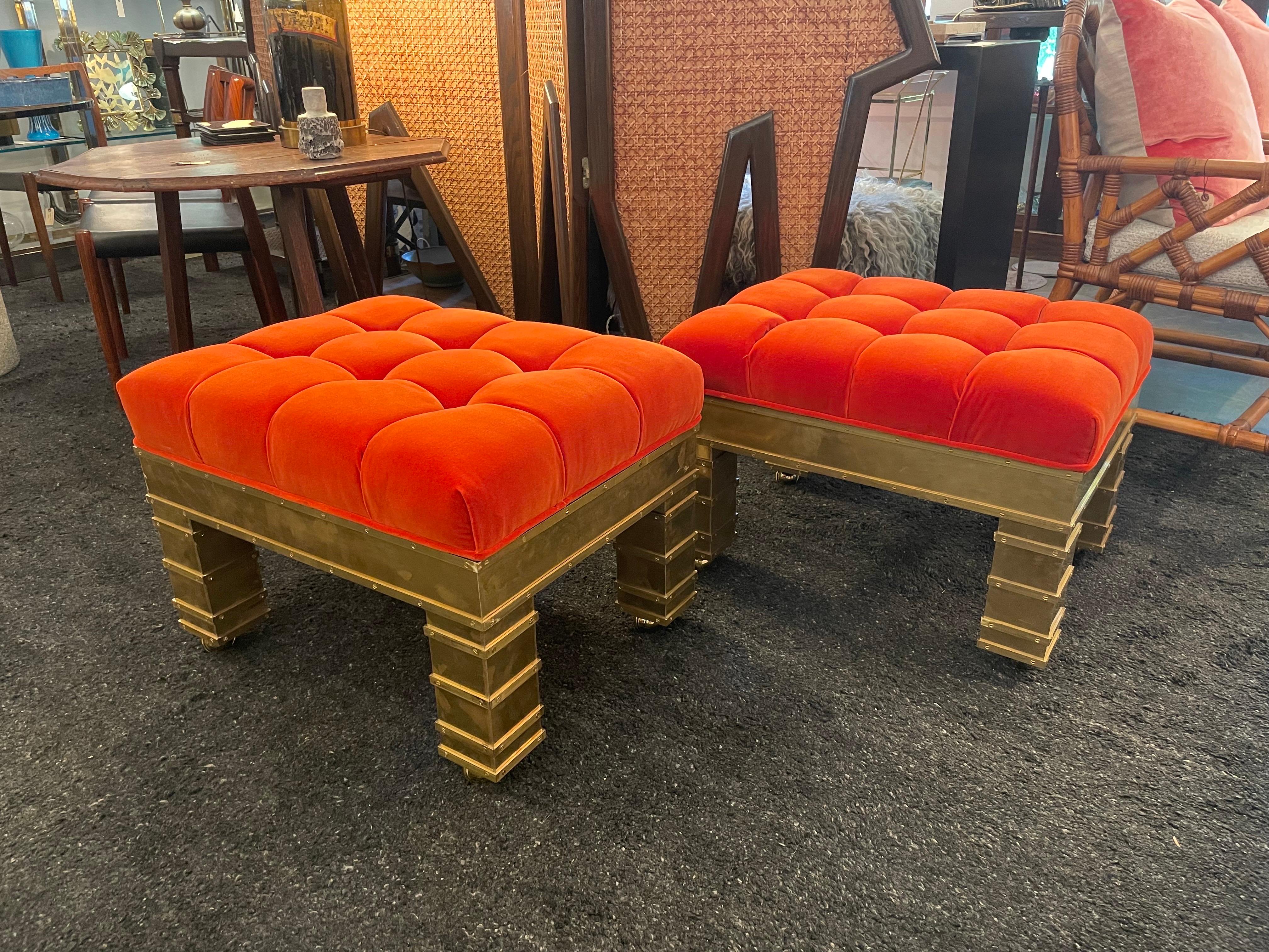 20th Century Italian Artisan Crafted Brass and Velvet Benches on Casters, '4 Avail' For Sale