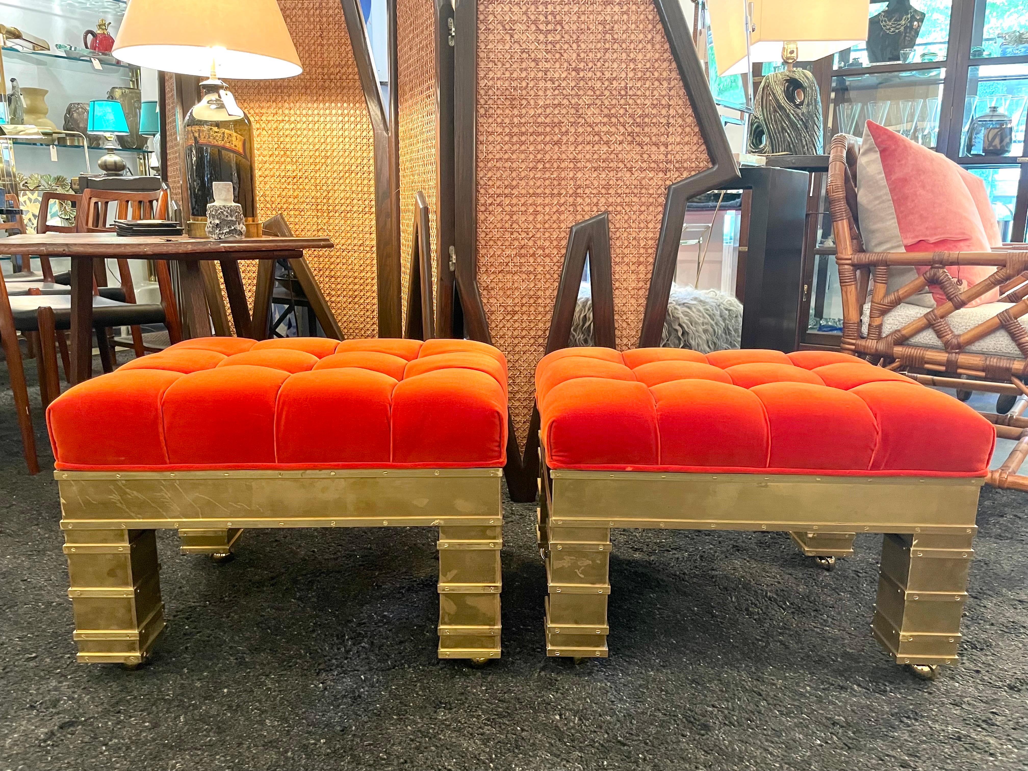 Italian Artisan Crafted Brass and Velvet Benches on Casters, '4 Avail' For Sale 1