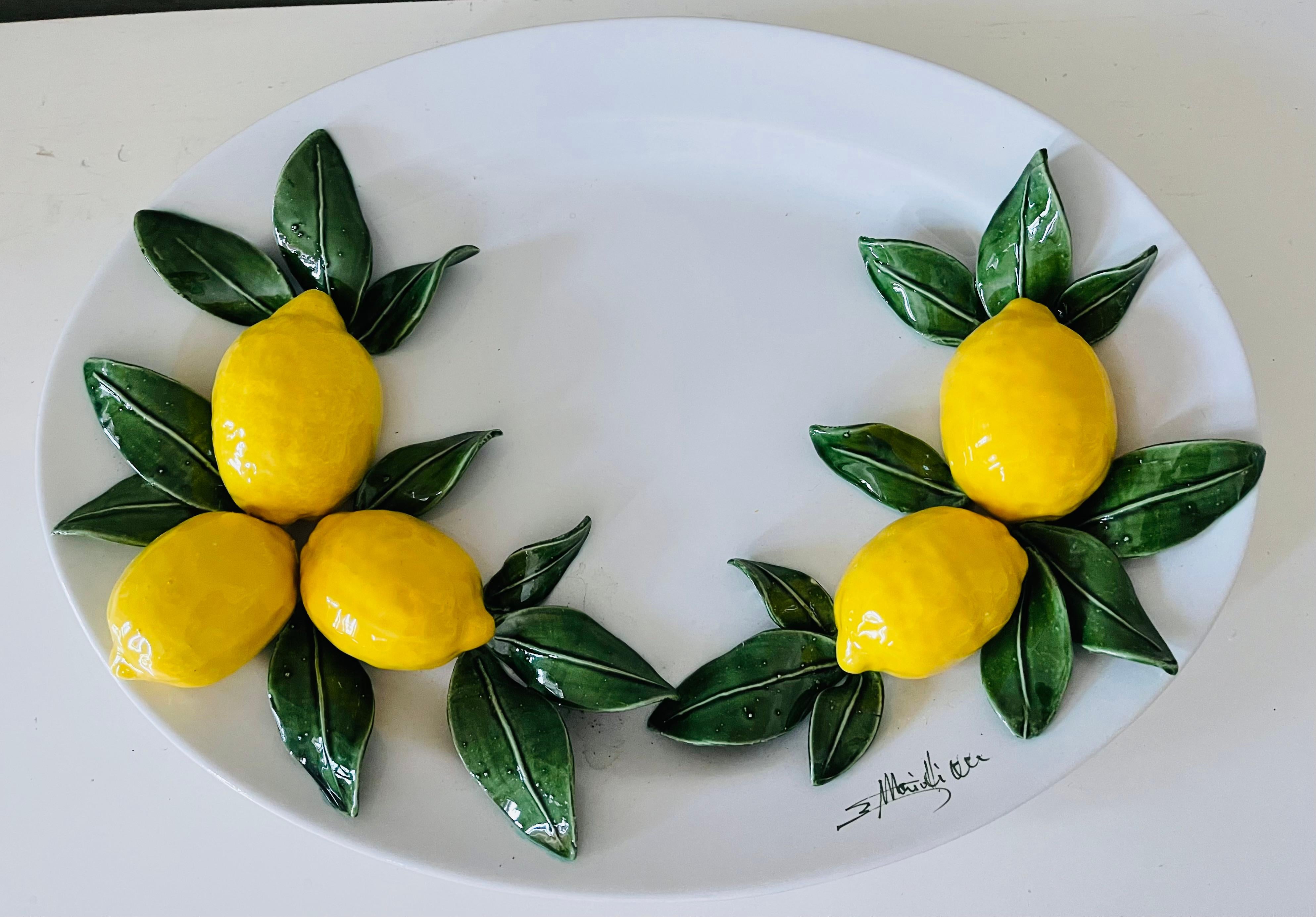 Italian Florence Artisan handmade ceramic platter with lemons , signed by the artist Martini Marisi. Spectacular wall decor of table platter.