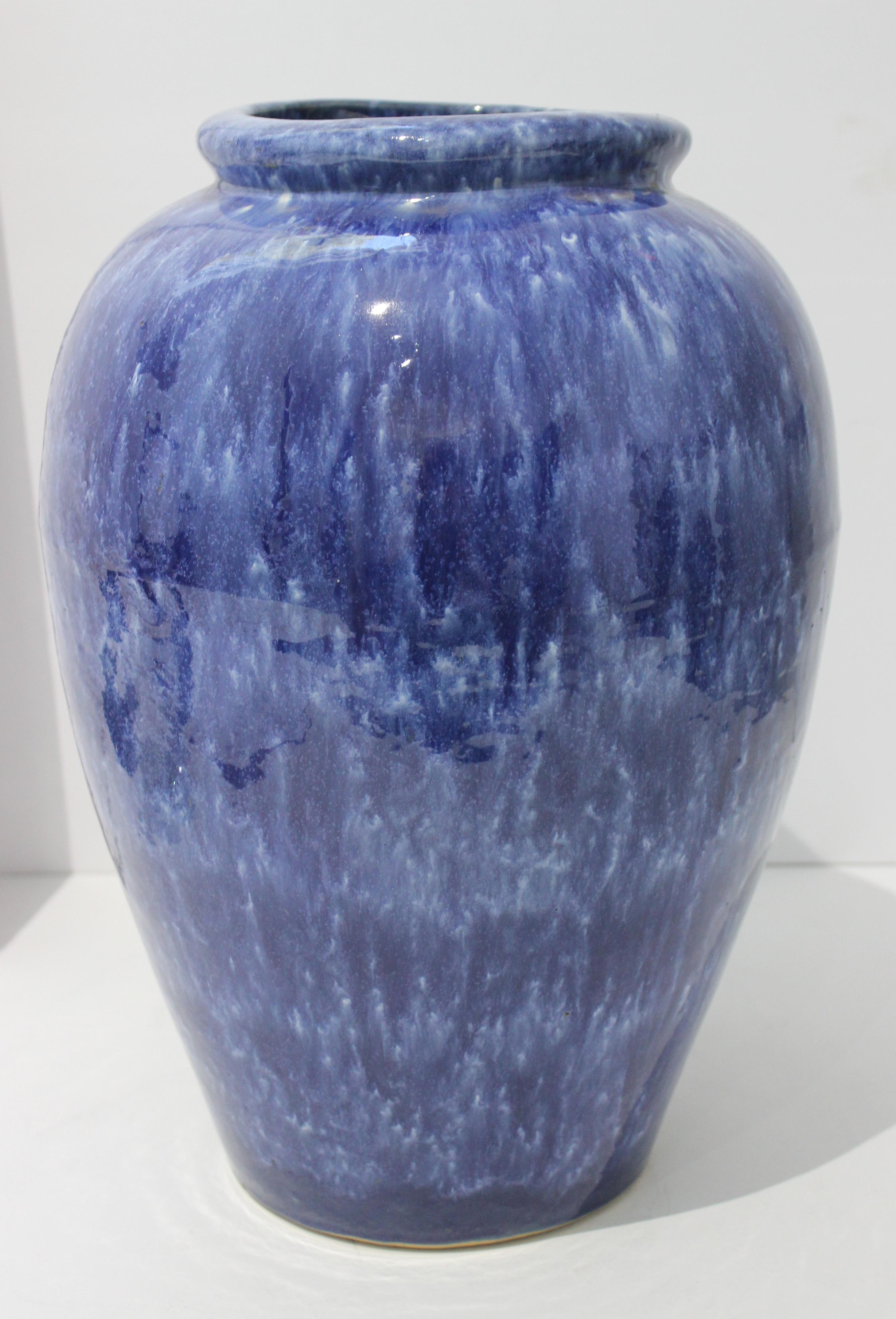 Mid-Century Modern Italian Artisan Mottled blue glazed urn from a Palm Beach estate.