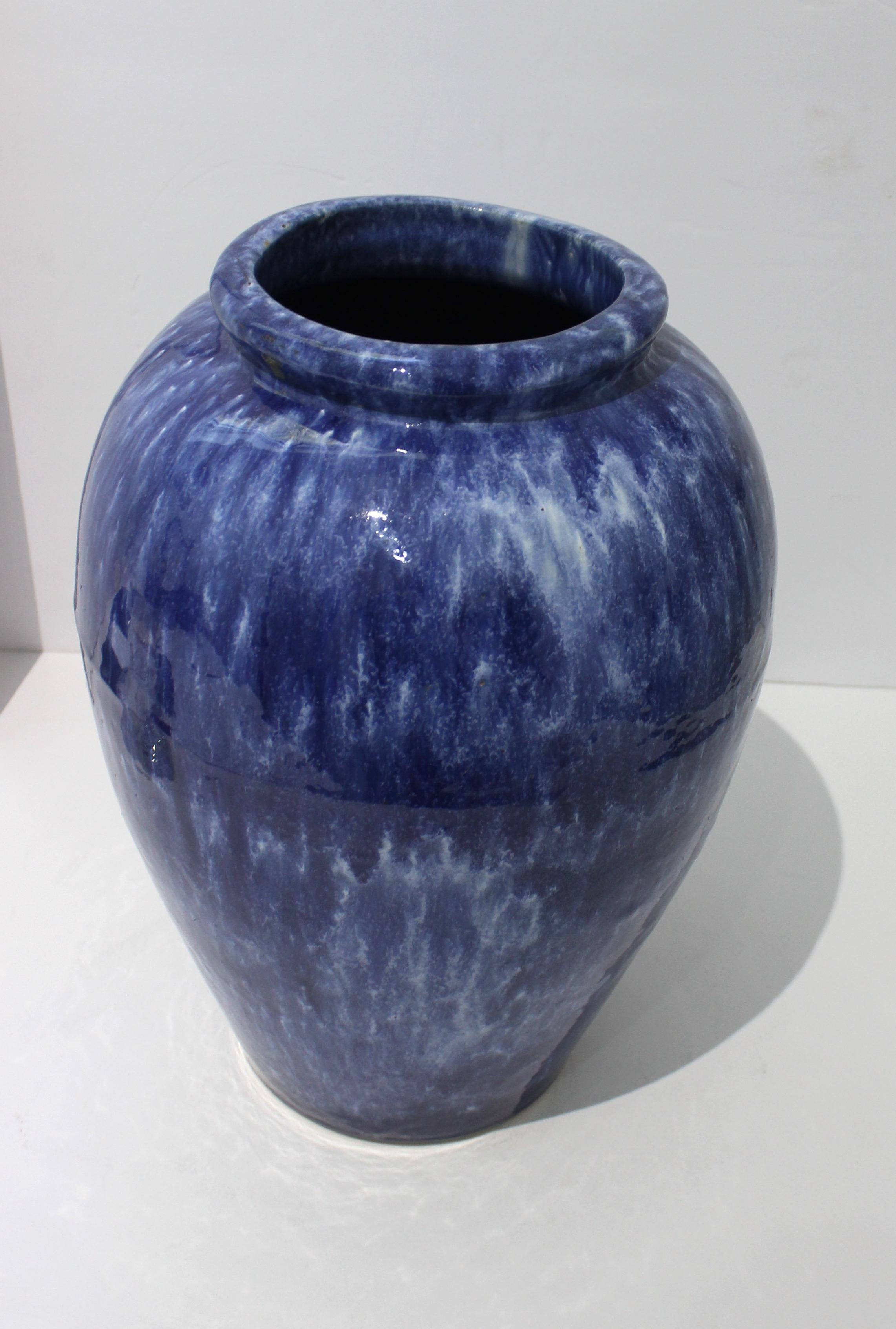Pottery Italian Artisan Mottled Blue Glazed Urn For Sale