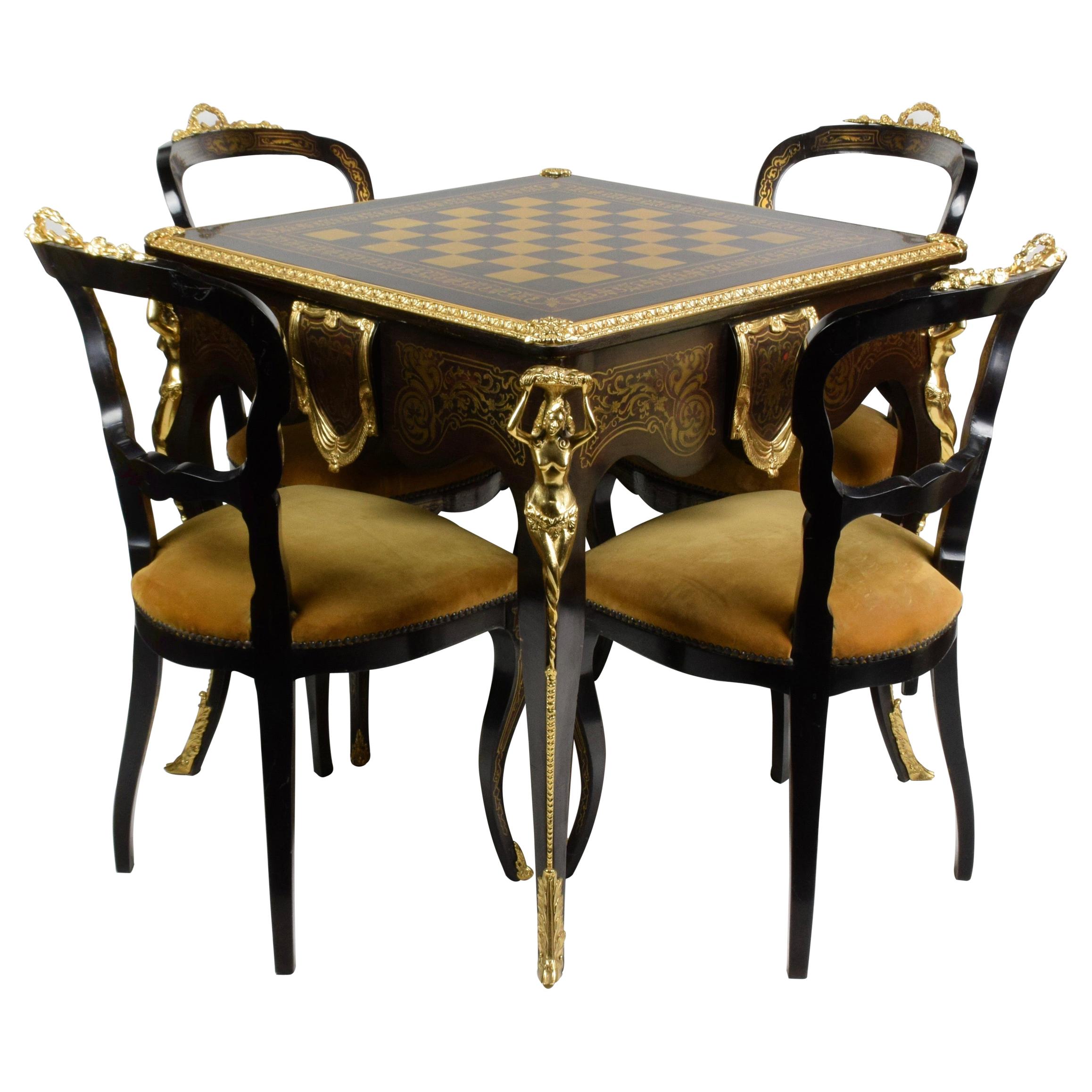 Italian Artisan Reproduction of the 1960s Game Table with 4 Chairs Wood Brass For Sale