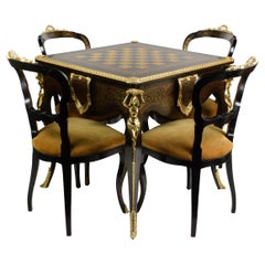 Vintage Italian Artisan Reproduction of the 1960s Game Table with 4 Chairs Wood Brass