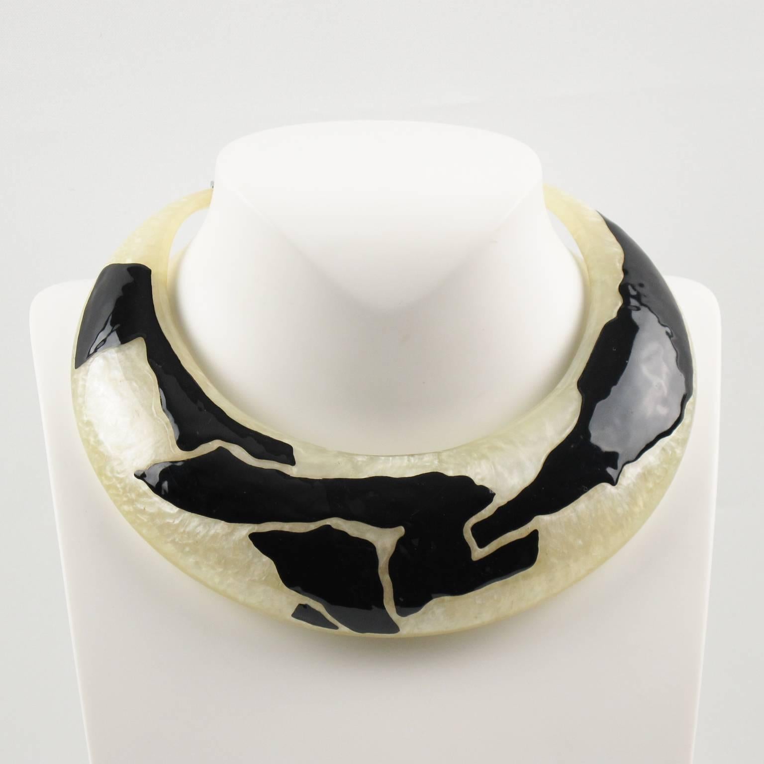 Women's or Men's Italian Artisan Studio Pearlized Bib Collar Necklace with Abstract Black Enamel